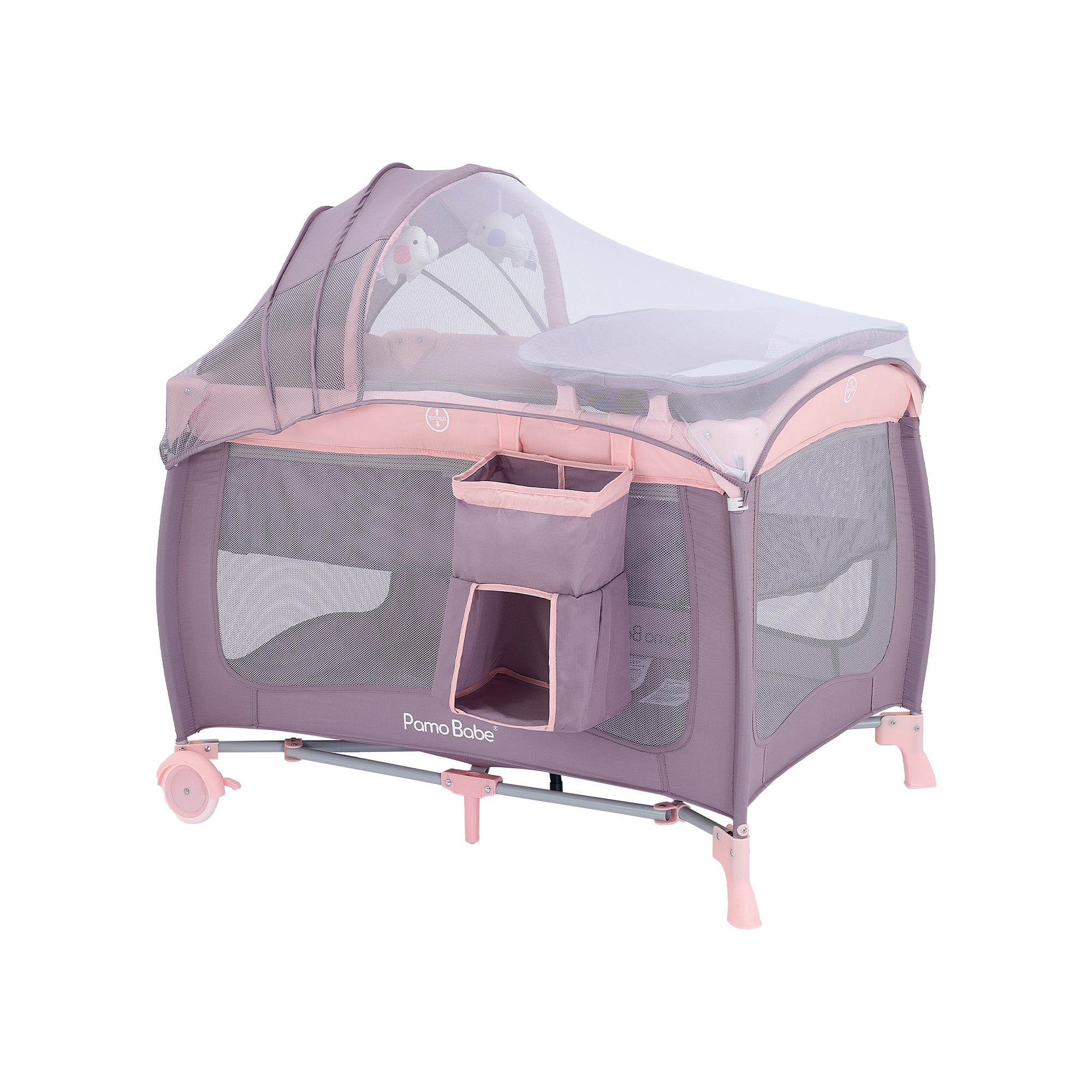 Pamo Babe Portable Baby Play Yard Include Wheels, Canopy, Changing Table(Pink)