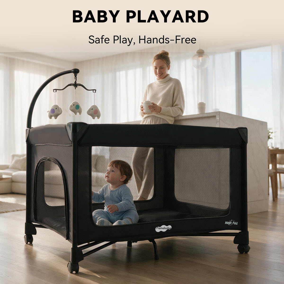 Pamo Babe 1 Step Set Pack and Play with Bassinet Foldable Playards Baby Playard with Changing Table Portable Playpen with Zip Door (Black)
