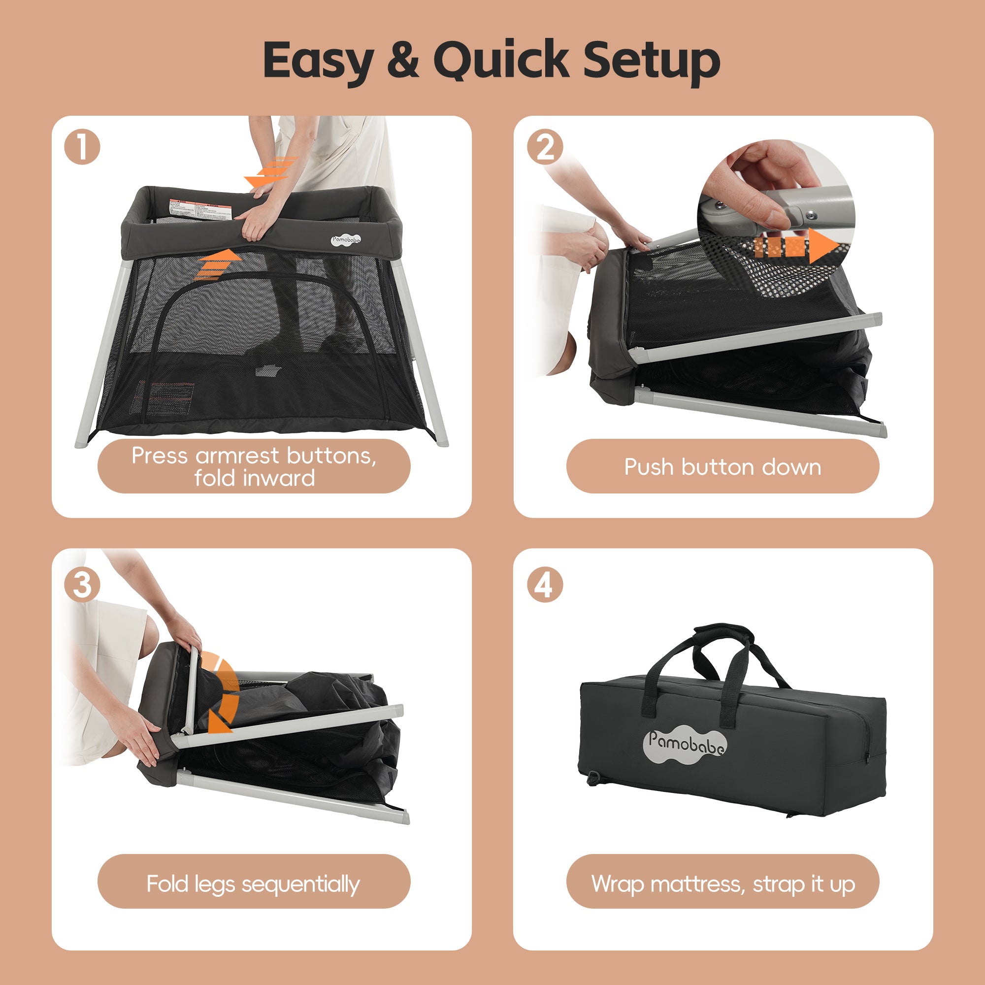 Pamo Babe Travel Crib with Bassinet, Portable Crib with Mattress for Baby Easy Setup Pack and Play Lightweight Backpack Portable Playpen with Zipper Access Door for Travel Holiday Gift - Grey