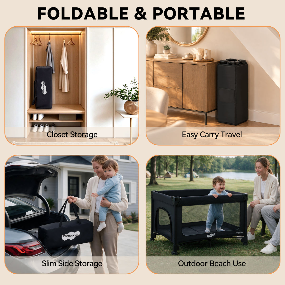 Pamo Babe 1 Step Set Pack and Play with Bassinet Foldable Playards Baby Playard with Changing Table Portable Playpen with Zip Door (Black)