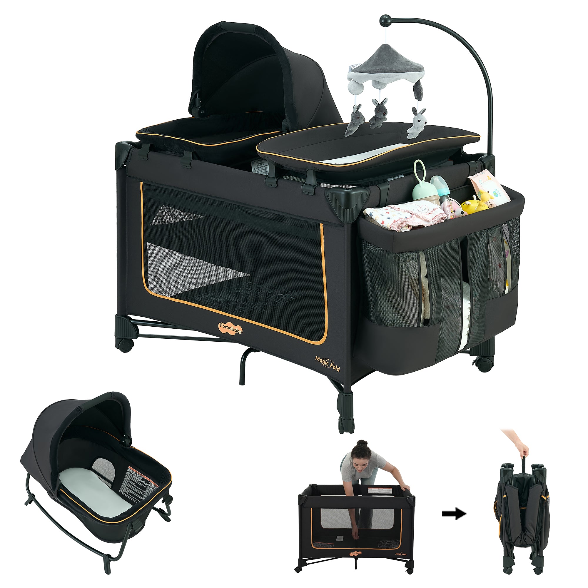 Pamo Babe Unisex Magic Fold One-Step Baby Playard with Bassinet & Changing Table, 0-36 Months