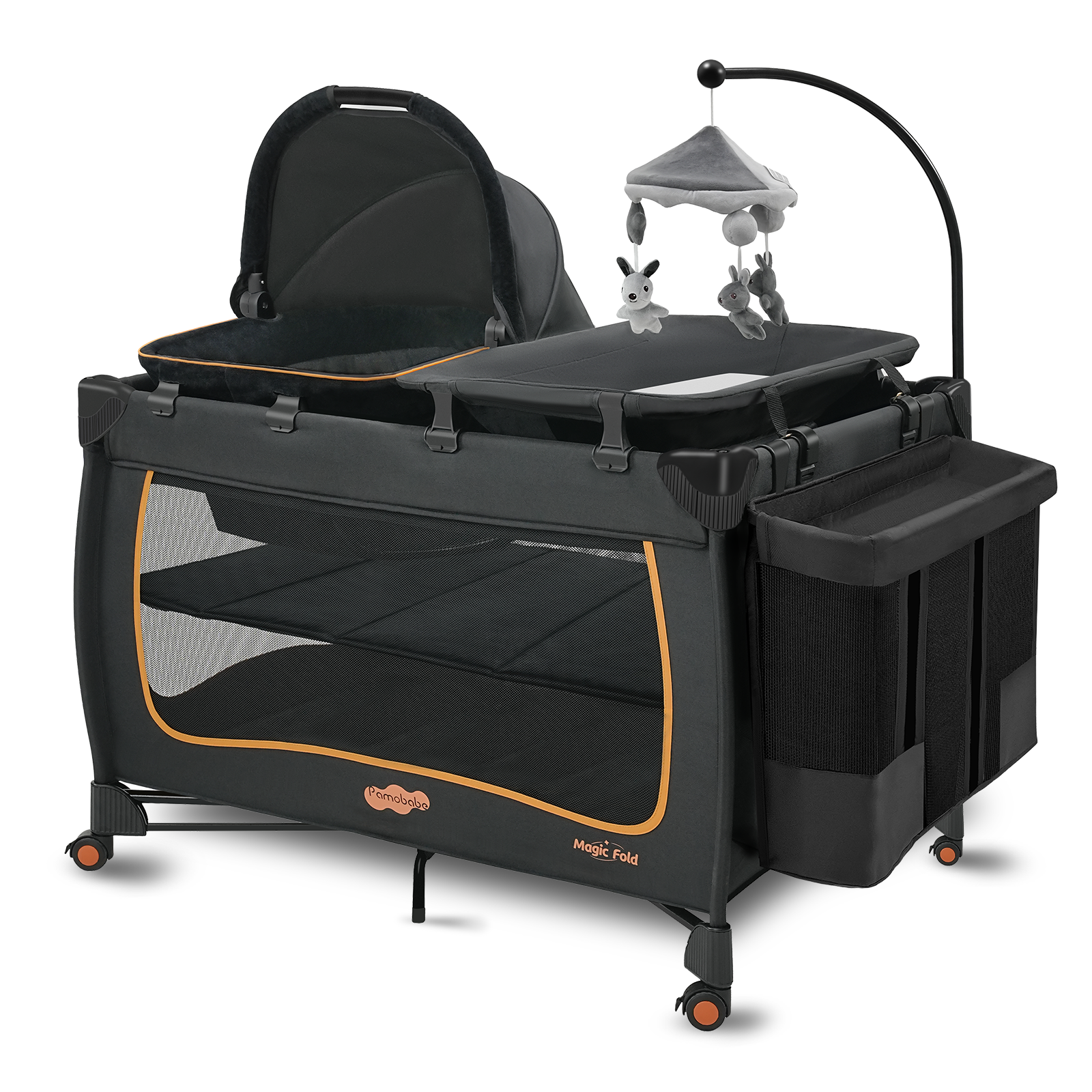 6-IN-1 Baby Pack and Play with Bassinet - Pamo Babe One-Step Setup Travel Crib, Small Playpen, Portable Bassinet, Waterproof Changing Table, Crib Toys & Oversized Storage Bag