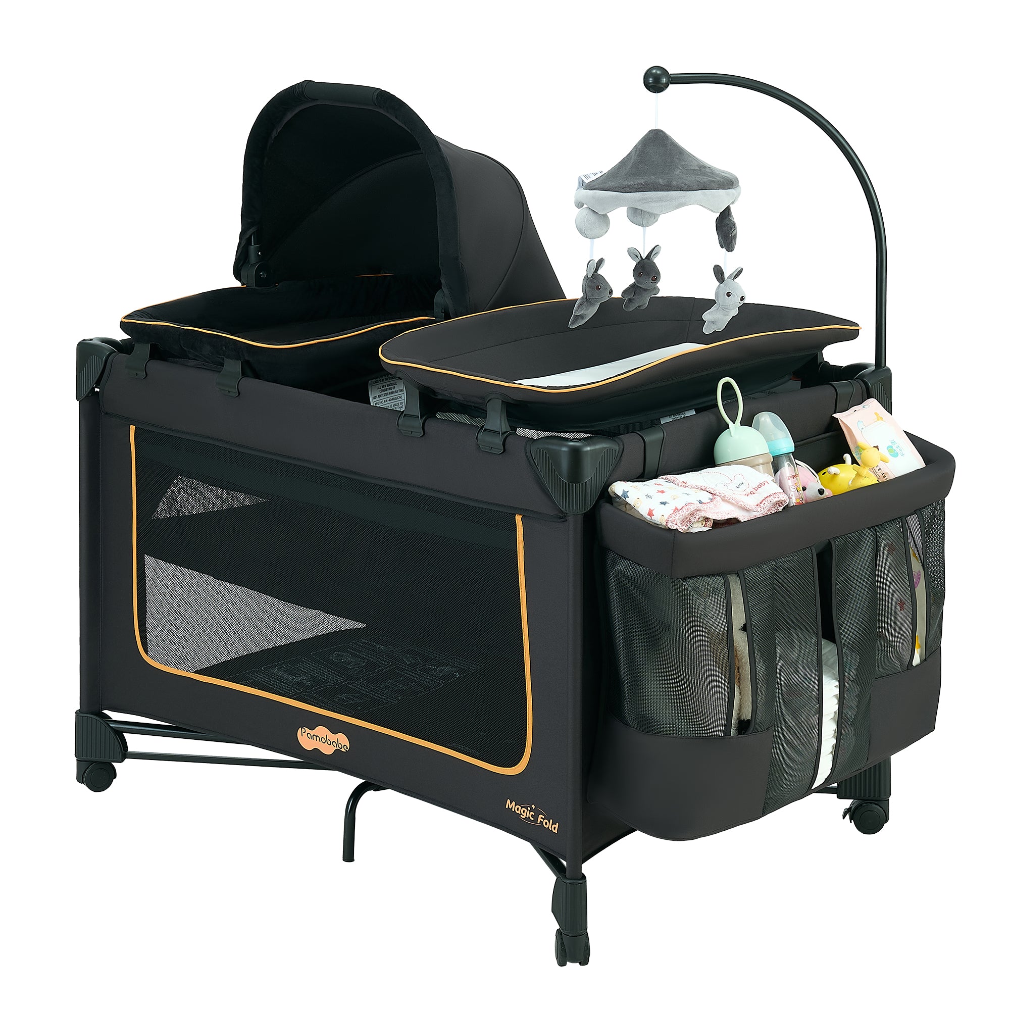 Pamo Babe Unisex Magic Fold One-Step Baby Playard with Bassinet & Changing Table, 0-36 Months