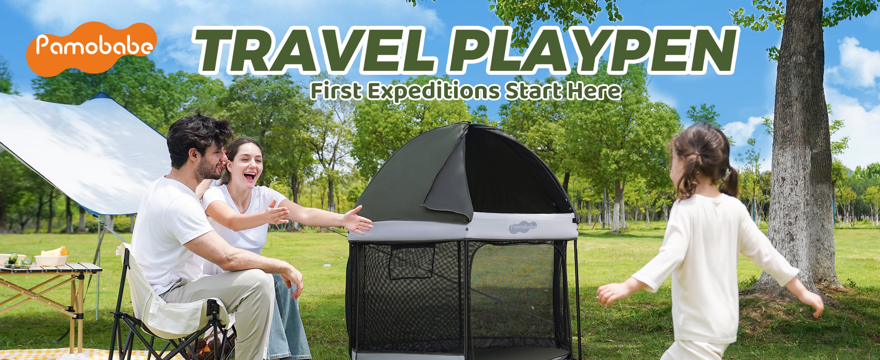 Pamo Babe Travel Playpen with Sun Protection Canopy - Play Yard for Ba