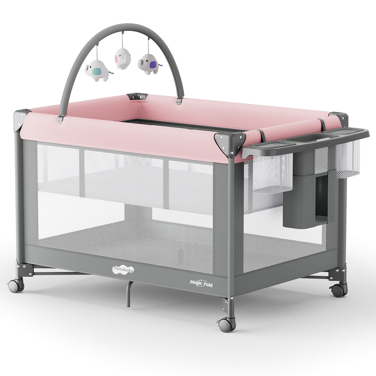 Pamo Babe Pack and Play - Travel Crib with Mattress, Easy Setup Small Portable Playpen for Babies, Lightweight Foldable Baby Playard with Lockable Wheels, Toy Arch & Large Storage Bag
