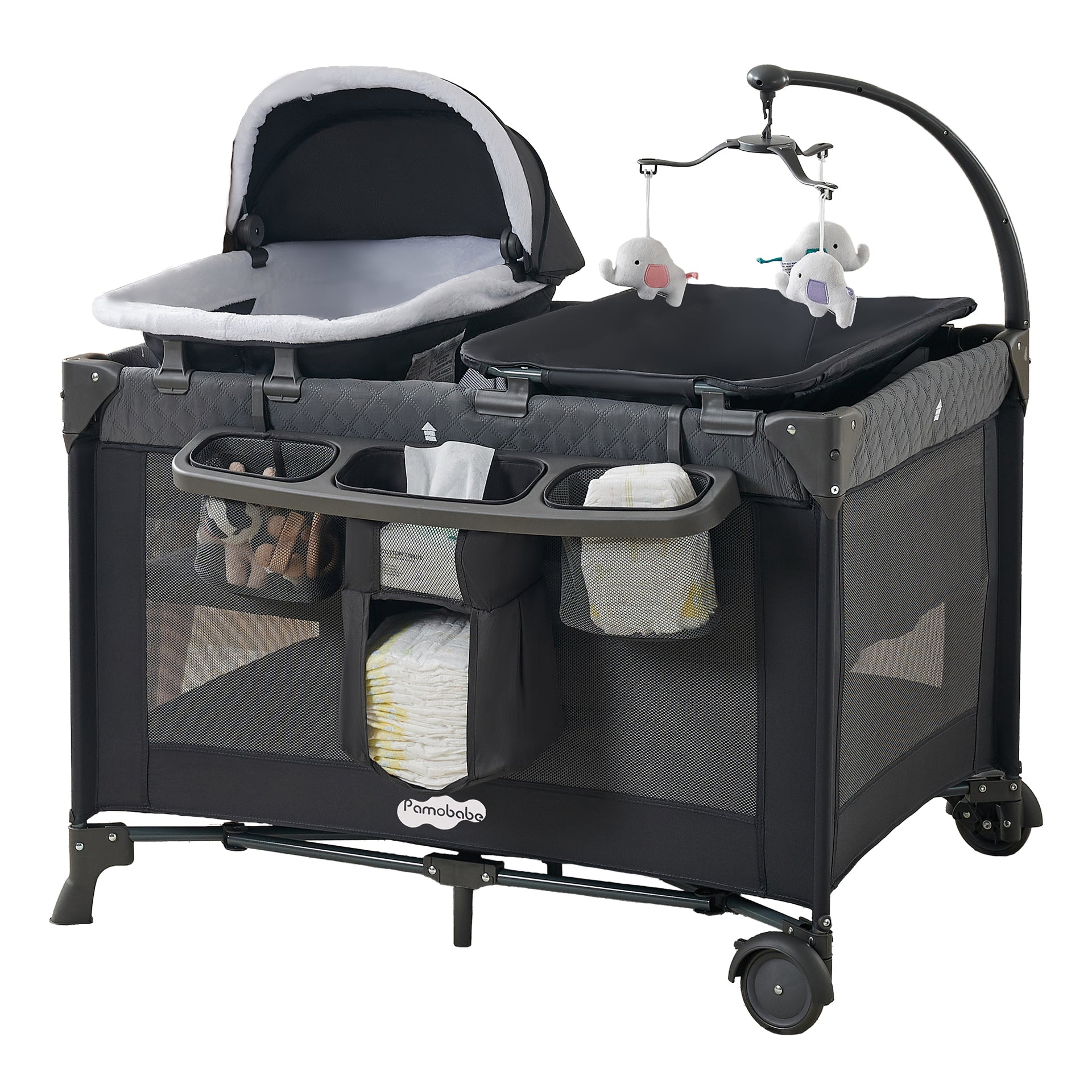 Pamo Babe Unisex Playard with Bassinet & Changing Table, Grey
