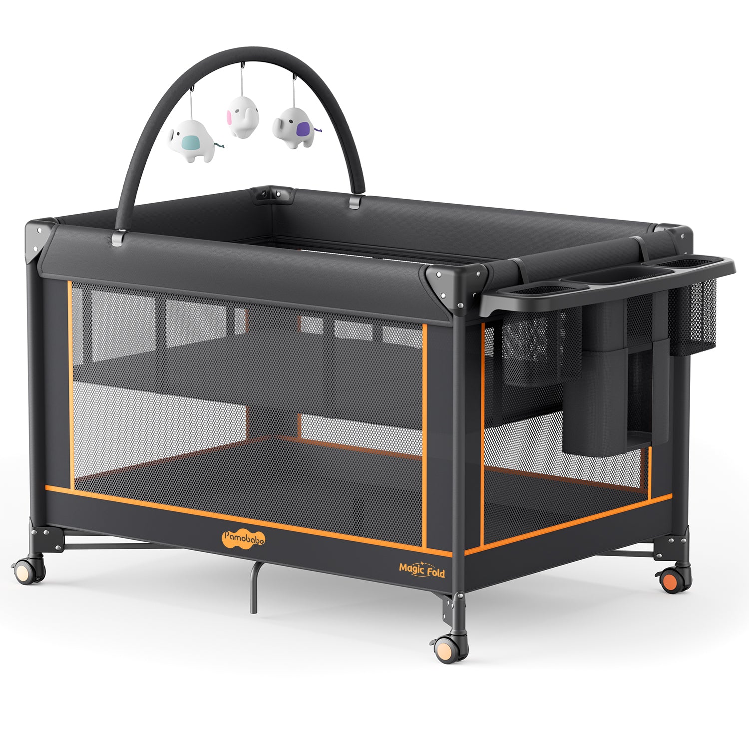 Pamo Babe Pack and Play - Travel Crib with Mattress, Easy Setup Small Portable Playpen for Babies, Lightweight Foldable Baby Playard with Lockable Wheels, Toy Arch & Large Storage Bag