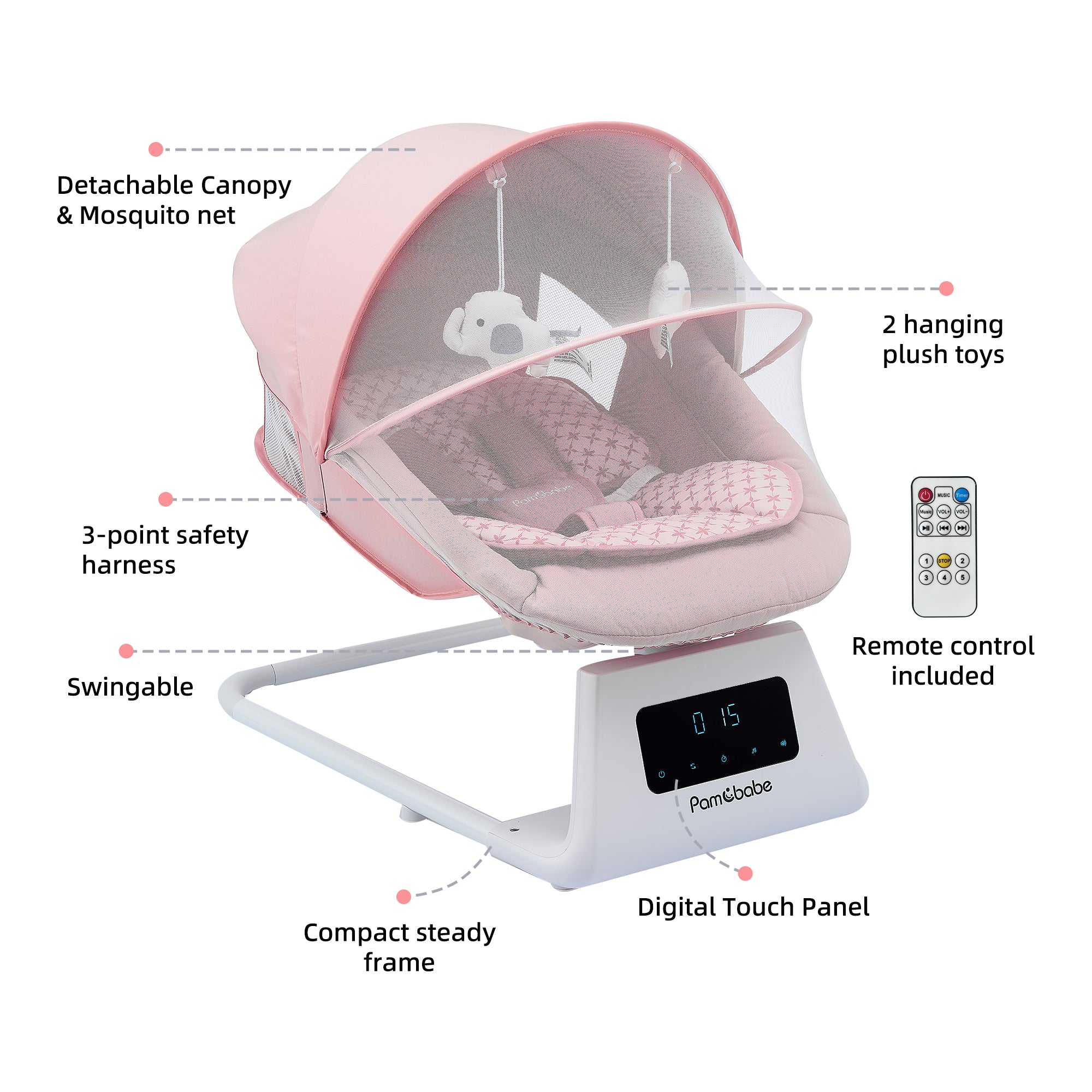 Pamo Babe Baby Swing for Newborns,5 Speeds swing modes, Canopy,Mosquito Net(Pink)