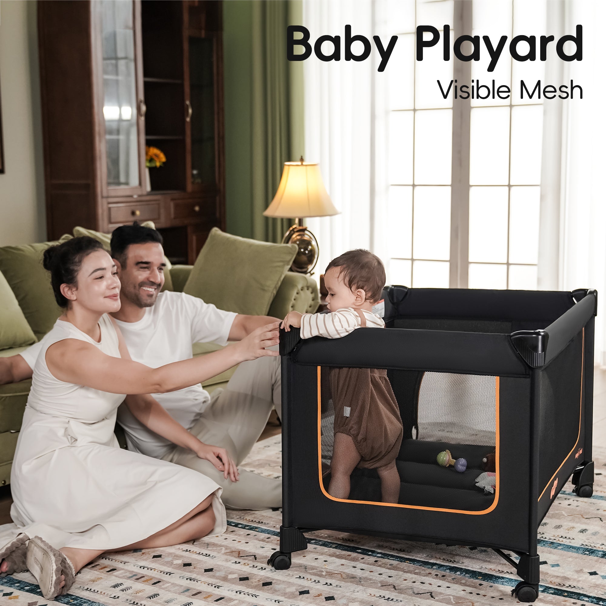 Pamo Babe Unisex Magic Fold One-Step Baby Playard with Bassinet & Chan