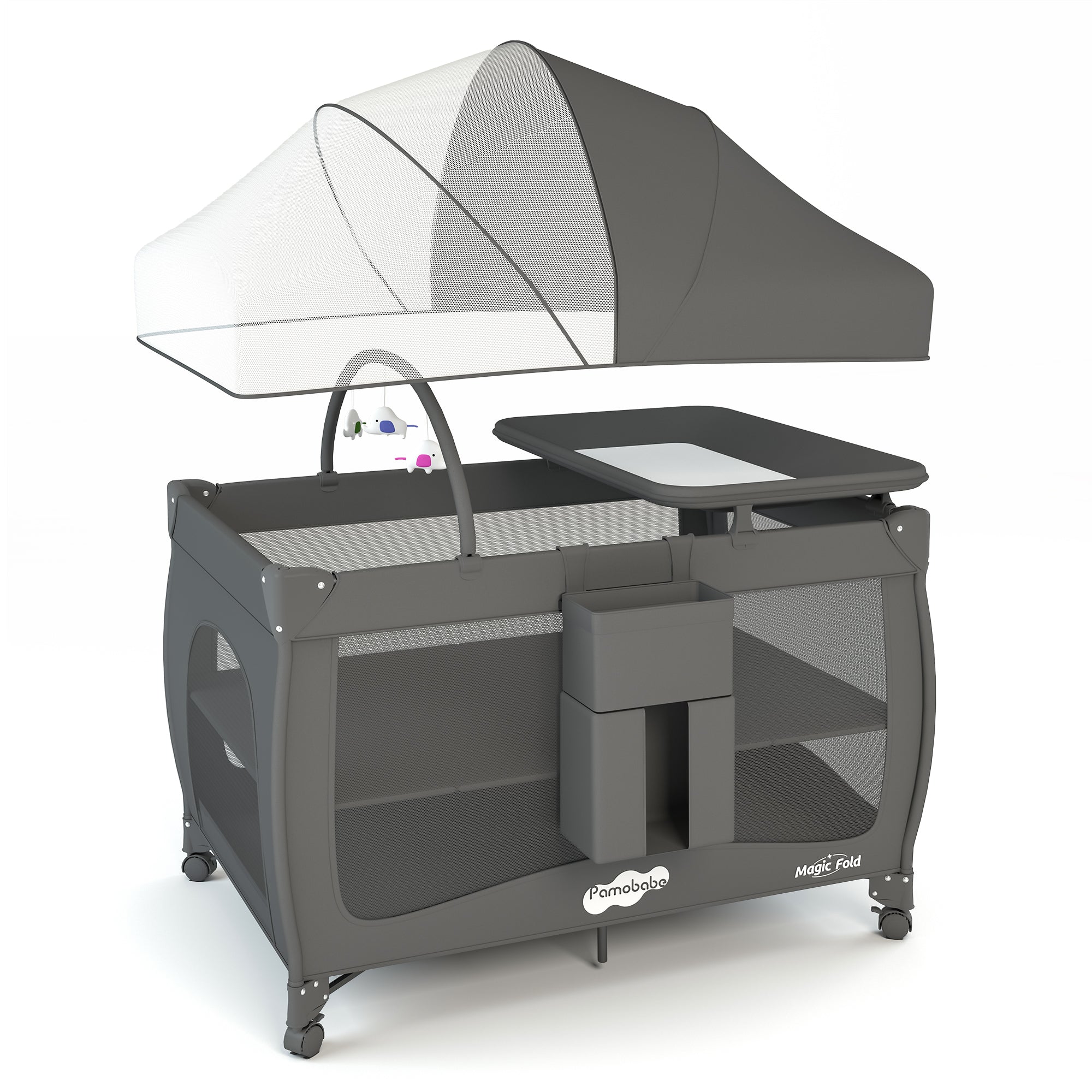 Pamo Babe 1-Second Setup 4-in-1 Playard for Babies - Portable Crib with Mosquito Net & Changing Table, Breathable Mesh, Toy Bar