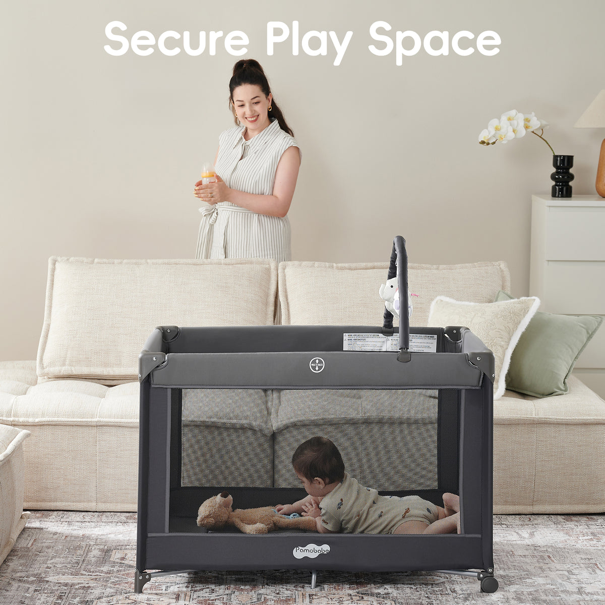 Pamo Babe Portable Playard,Sturdy Play Yard with Mattress and Toy bar with Soft Toys