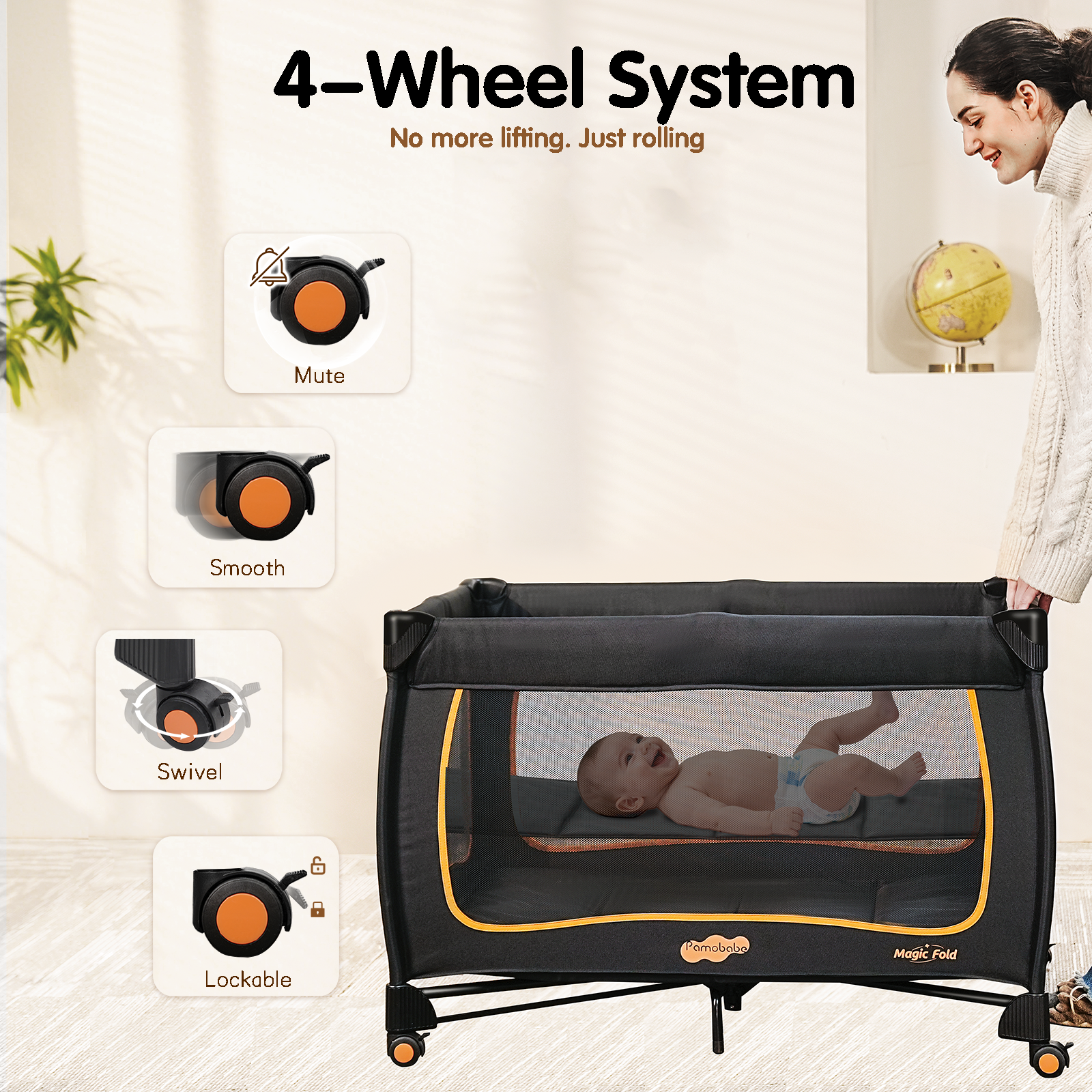 6-IN-1 Baby Pack and Play with Bassinet - Pamo Babe One-Step Setup Travel Crib, Small Playpen, Portable Bassinet, Waterproof Changing Table, Crib Toys & Oversized Storage Bag