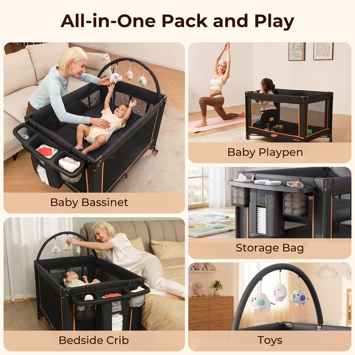 Pamo Babe Pack and Play - Travel Crib with Mattress, Easy Setup Small Portable Playpen for Babies, Lightweight Foldable Baby Playard with Lockable Wheels, Toy Arch & Large Storage Bag