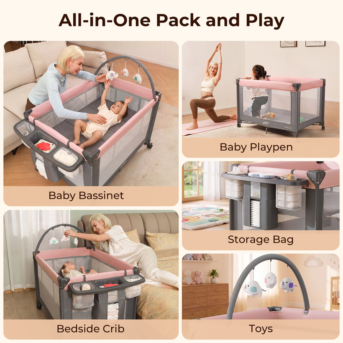 Pamo Babe Pack and Play - Travel Crib with Mattress, Easy Setup Small Portable Playpen for Babies, Lightweight Foldable Baby Playard with Lockable Wheels, Toy Arch & Large Storage Bag