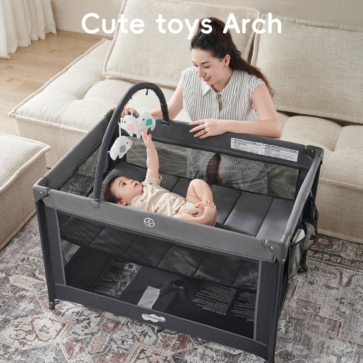 Pamo Babe Portable Playard,Sturdy Play Yard with Mattress and Toy bar with Soft Toys