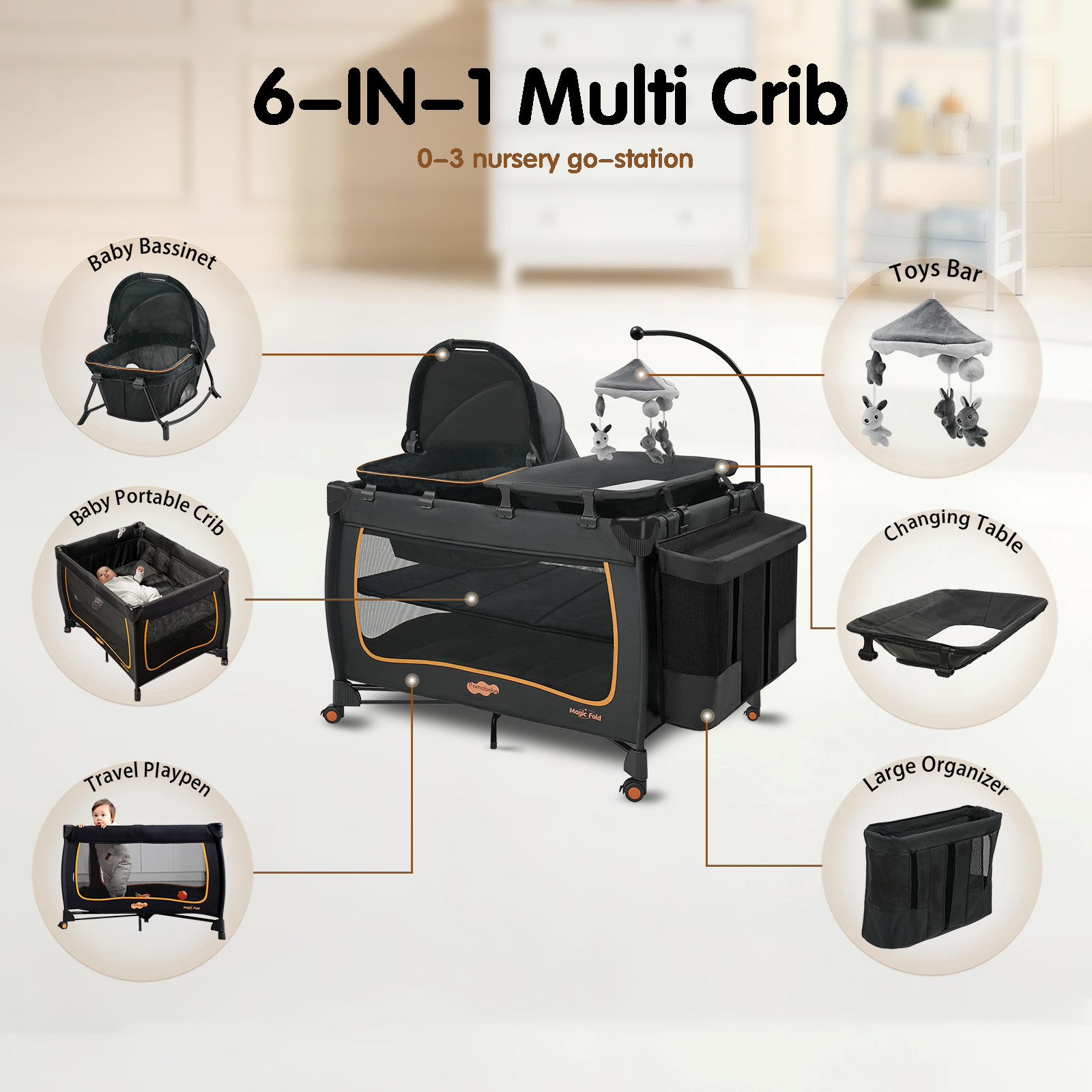 6-IN-1 Baby Pack and Play with Bassinet - Pamo Babe One-Step Setup Travel Crib, Small Playpen, Portable Bassinet, Waterproof Changing Table, Crib Toys & Oversized Storage Bag