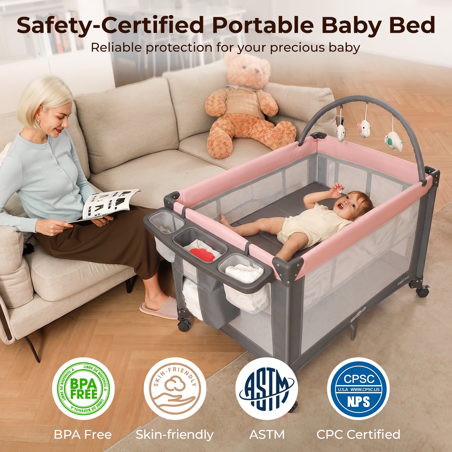 Pamo Babe Pack and Play - Travel Crib with Mattress, Easy Setup Small Portable Playpen for Babies, Lightweight Foldable Baby Playard with Lockable Wheels, Toy Arch & Large Storage Bag