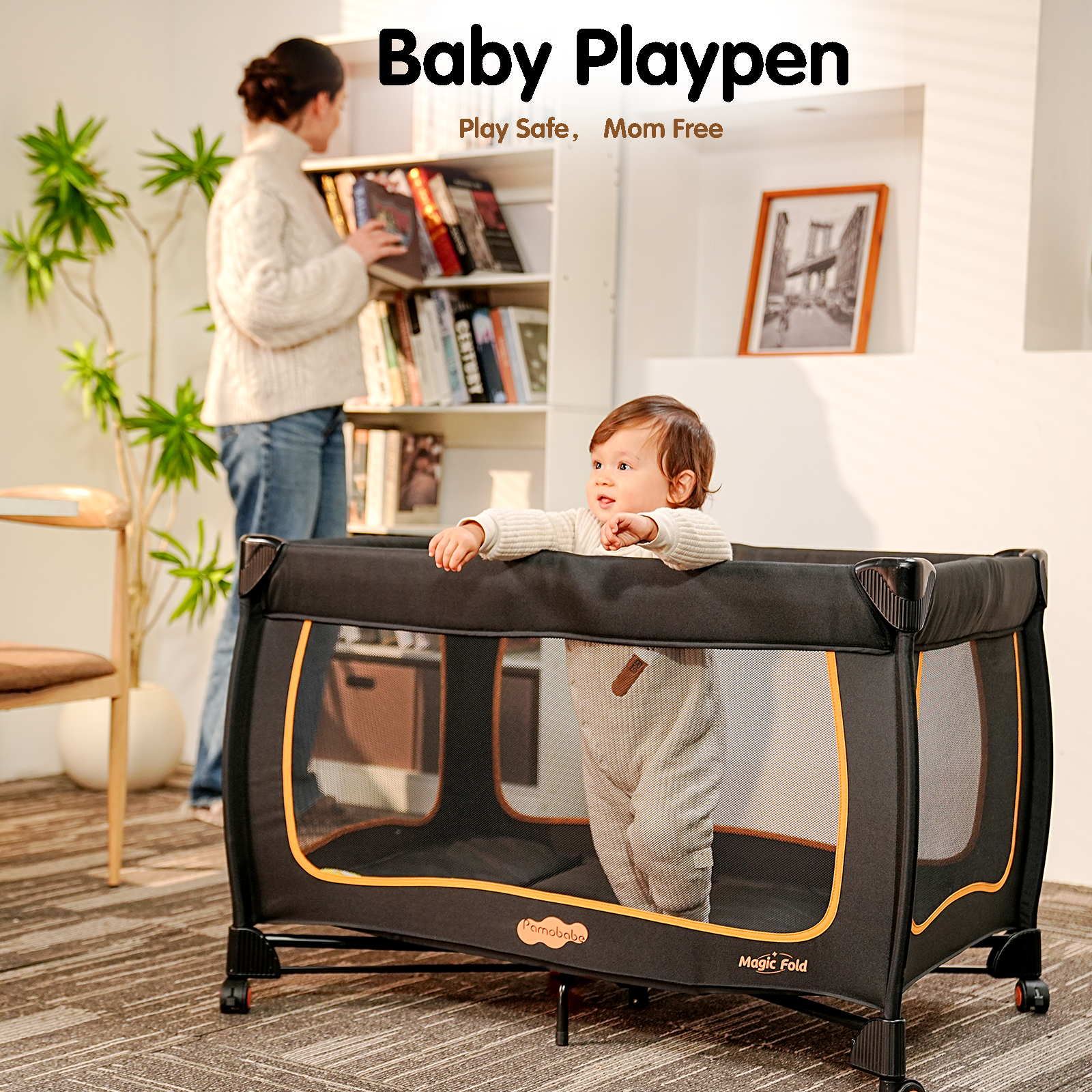 6-IN-1 Baby Pack and Play with Bassinet - Pamo Babe One-Step Setup Travel Crib, Small Playpen, Portable Bassinet, Waterproof Changing Table, Crib Toys & Oversized Storage Bag