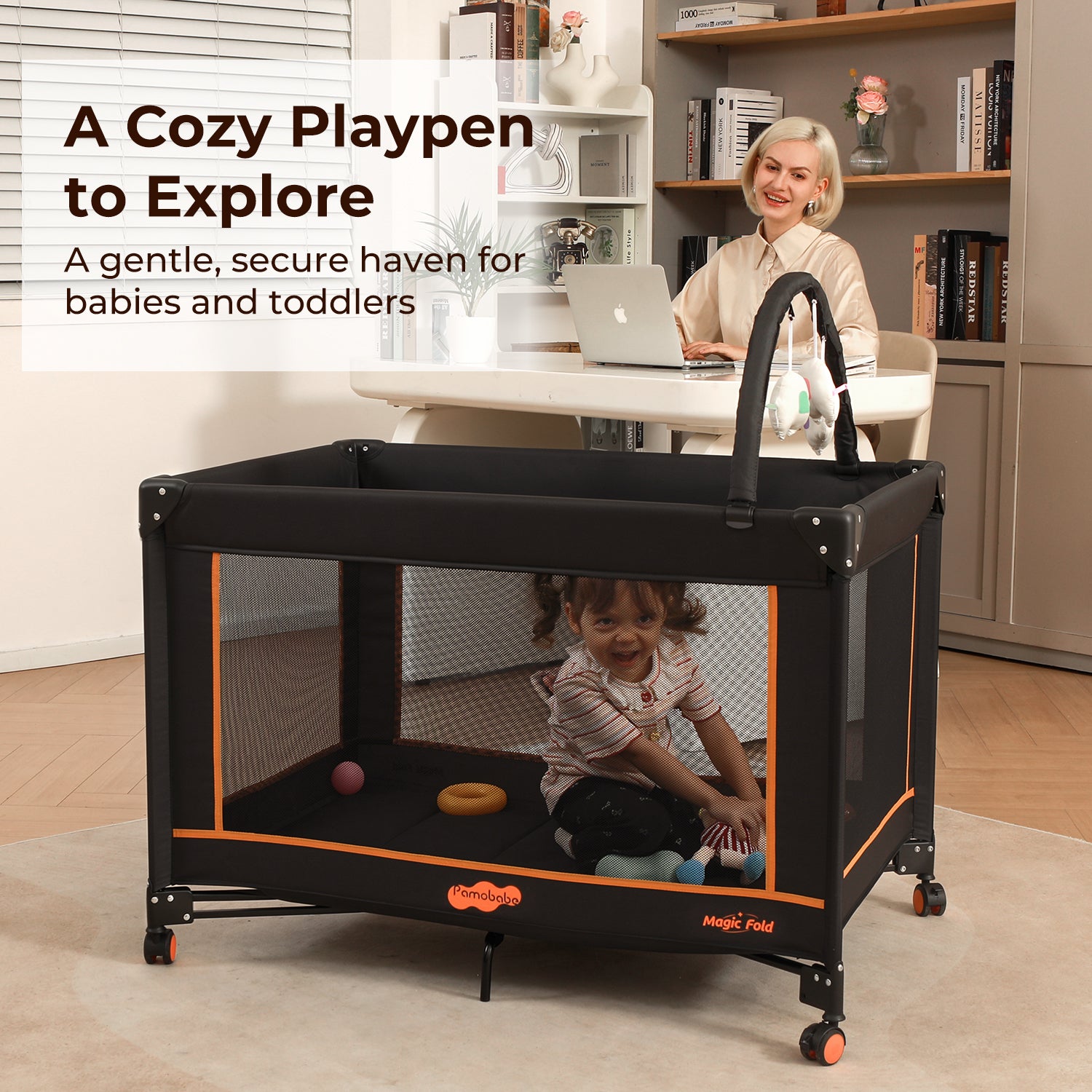 Pamo Babe Pack and Play - Travel Crib with Mattress, Easy Setup Small Portable Playpen for Babies, Lightweight Foldable Baby Playard with Lockable Wheels, Toy Arch & Large Storage Bag
