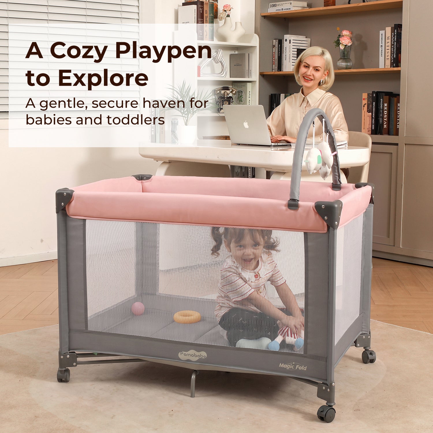 Pamo Babe Pack and Play - Travel Crib with Mattress, Easy Setup Small Portable Playpen for Babies, Lightweight Foldable Baby Playard with Lockable Wheels, Toy Arch & Large Storage Bag