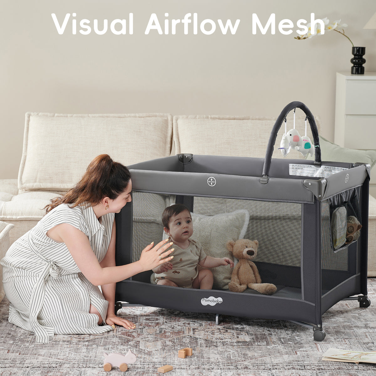 Pamo Babe Portable Playard,Sturdy Play Yard with Mattress and Toy bar with Soft Toys