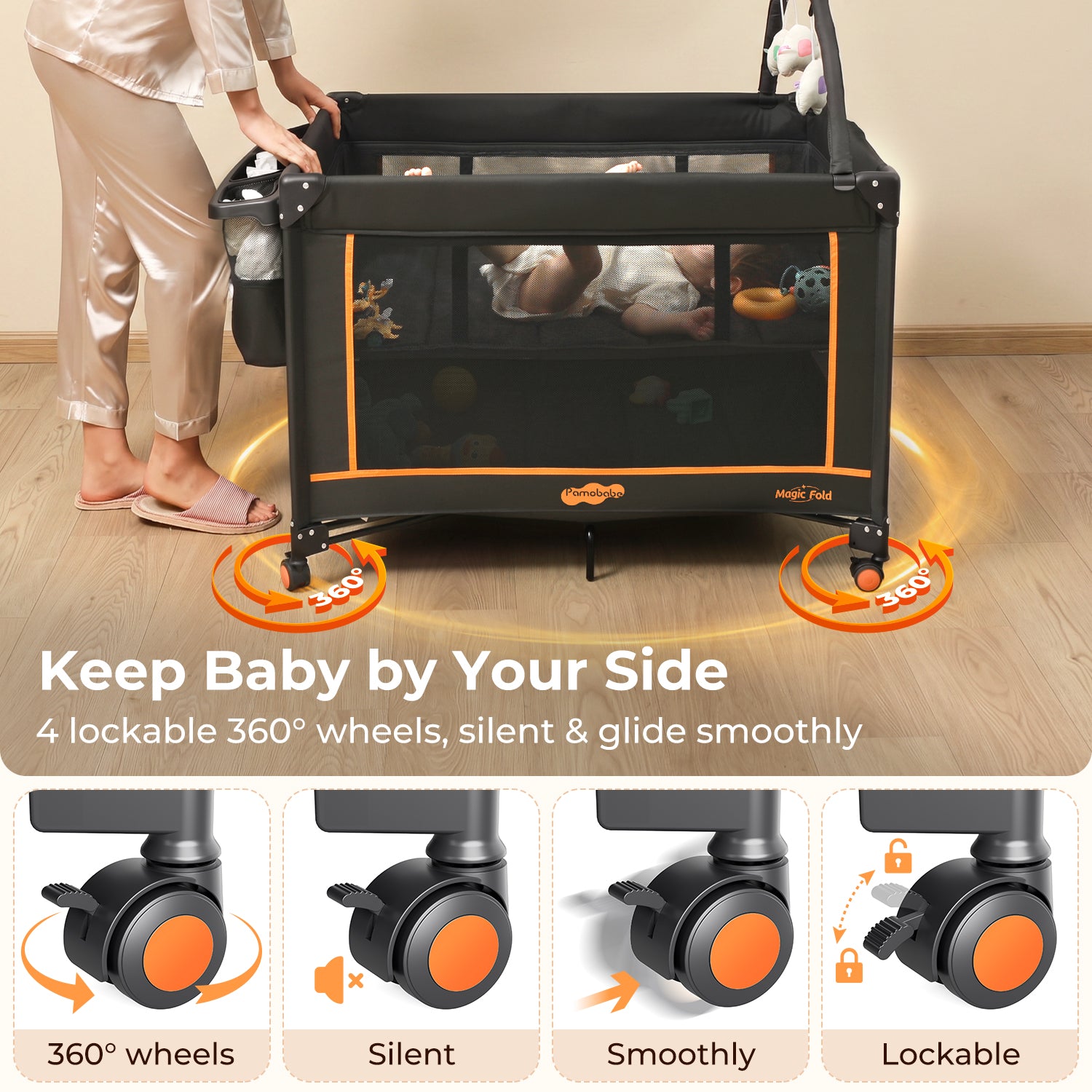 Pamo Babe Pack and Play - Travel Crib with Mattress, Easy Setup Small Portable Playpen for Babies, Lightweight Foldable Baby Playard with Lockable Wheels, Toy Arch & Large Storage Bag