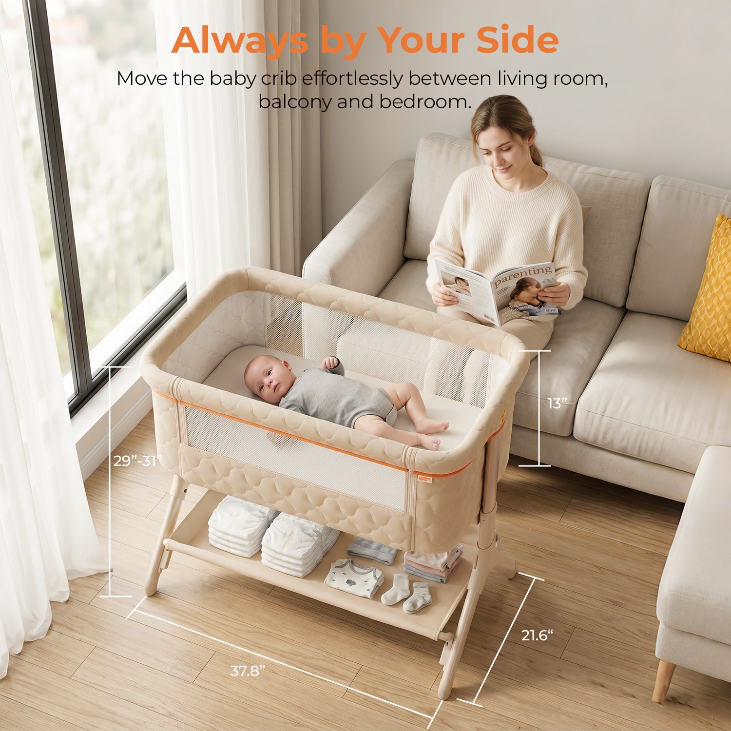 Pamo babe Bedside Bassinet for Baby, 3-in-1 Foldable Travel Bassinet with Wheels, Portable Baby Bassinet Adjustable Height, Storage Bag, Baby Bedside Sleeper Ideal Gift for Newborn Parents