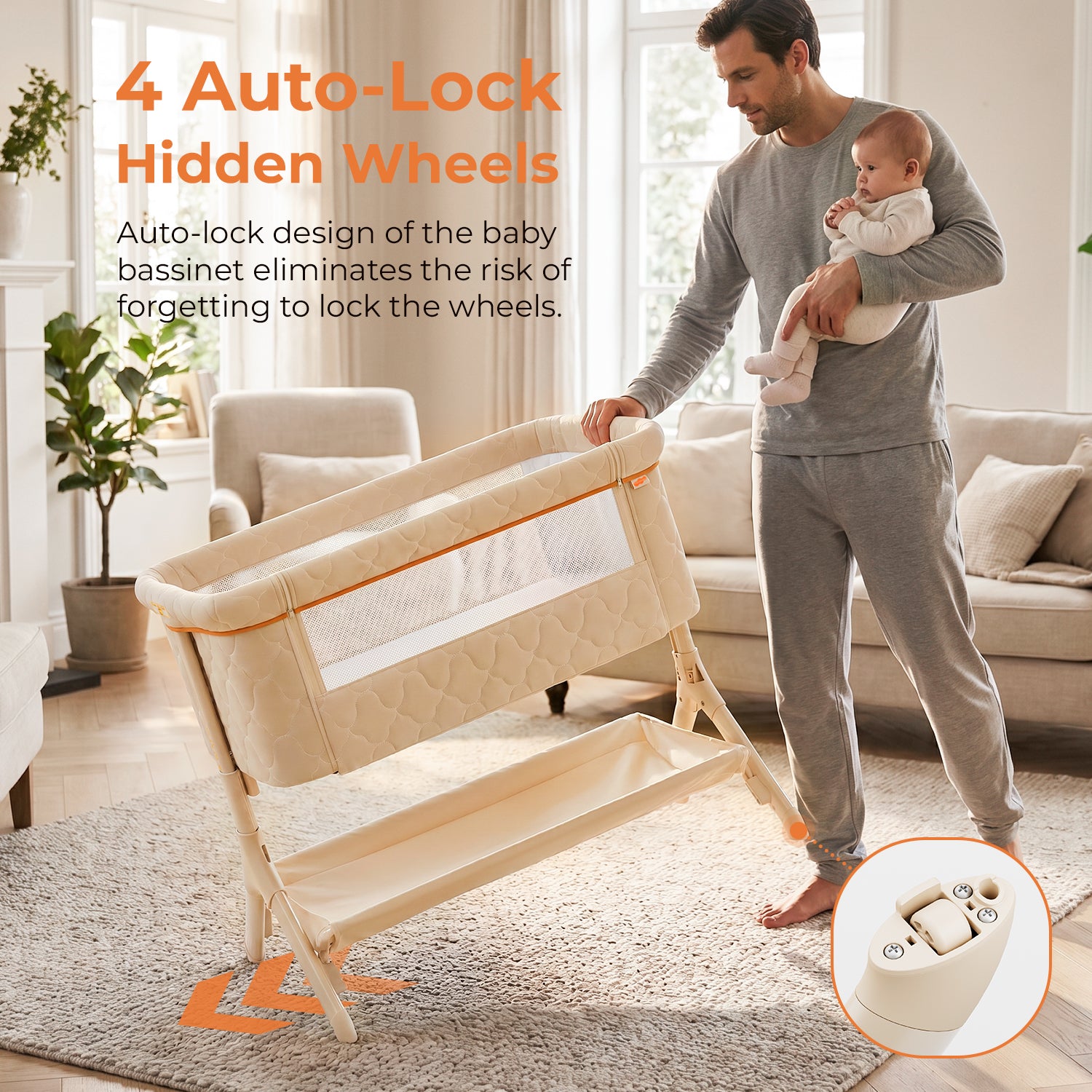 Pamo babe Bedside Bassinet for Baby, 3-in-1 Foldable Travel Bassinet with Wheels, Portable Baby Bassinet Adjustable Height, Storage Bag, Baby Bedside Sleeper Ideal Gift for Newborn Parents