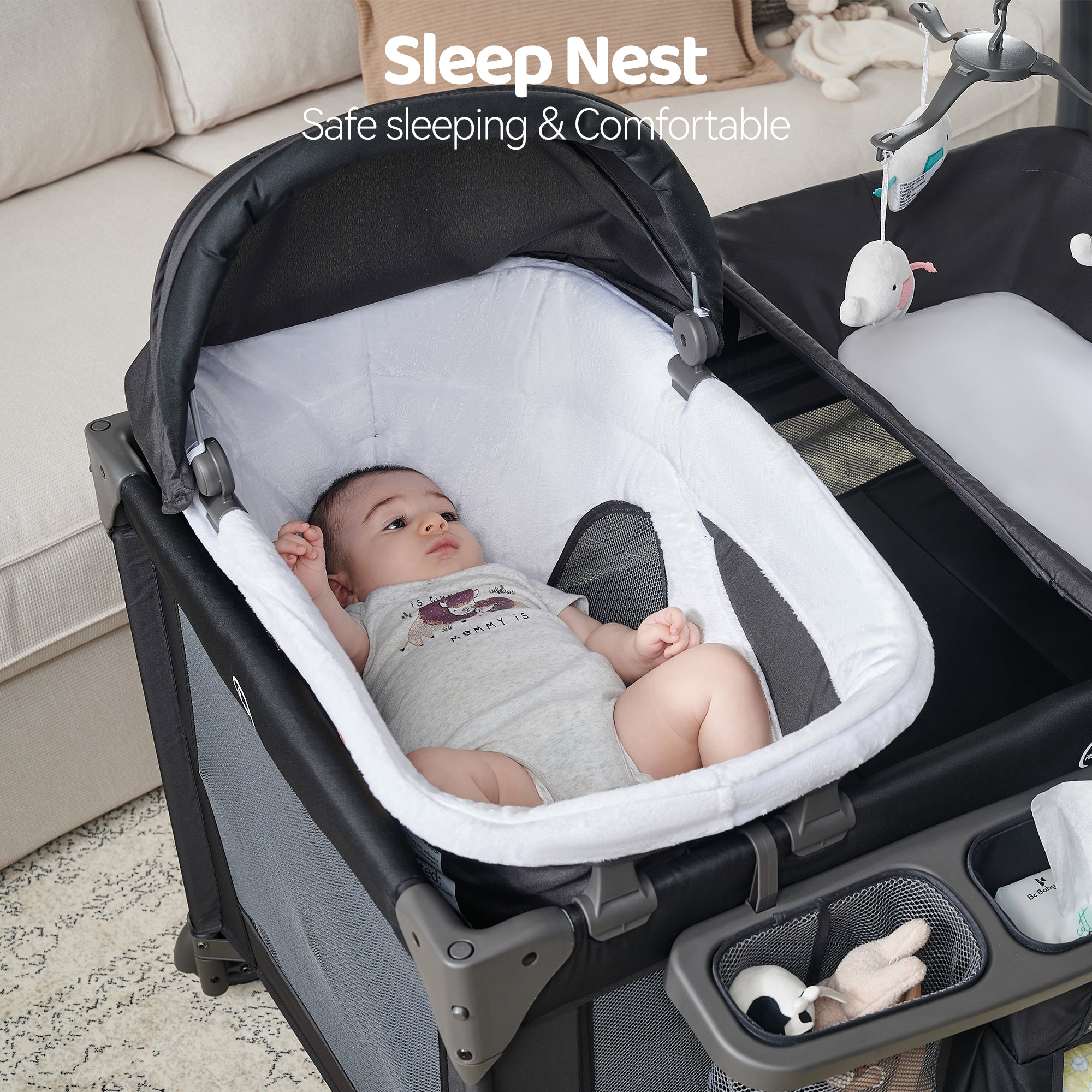 Pamo Babe Unisex Playard with Bassinet & Changing Table, Grey