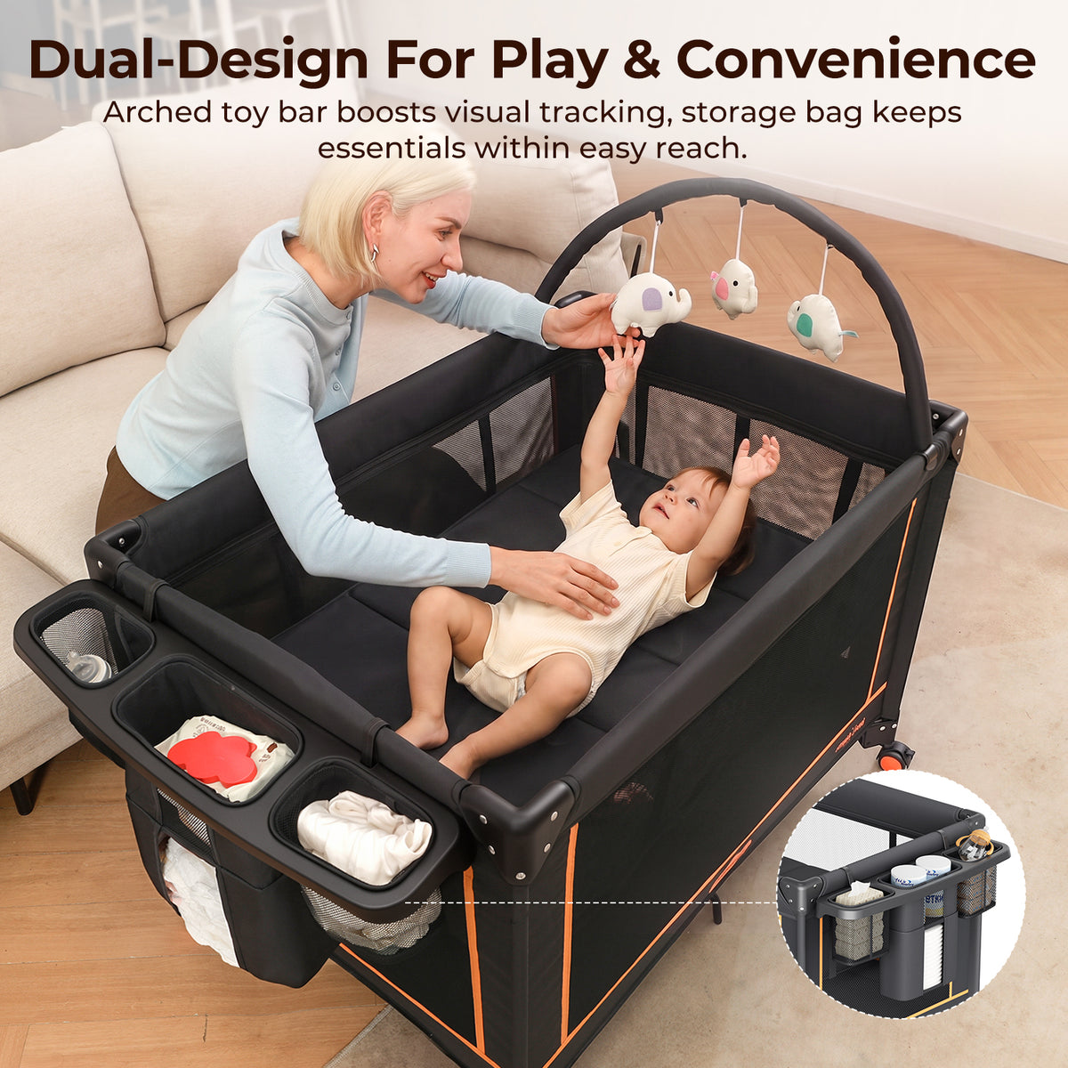 Pamo Babe Pack and Play - Travel Crib with Mattress, Easy Setup Small Portable Playpen for Babies, Lightweight Foldable Baby Playard with Lockable Wheels, Toy Arch & Large Storage Bag