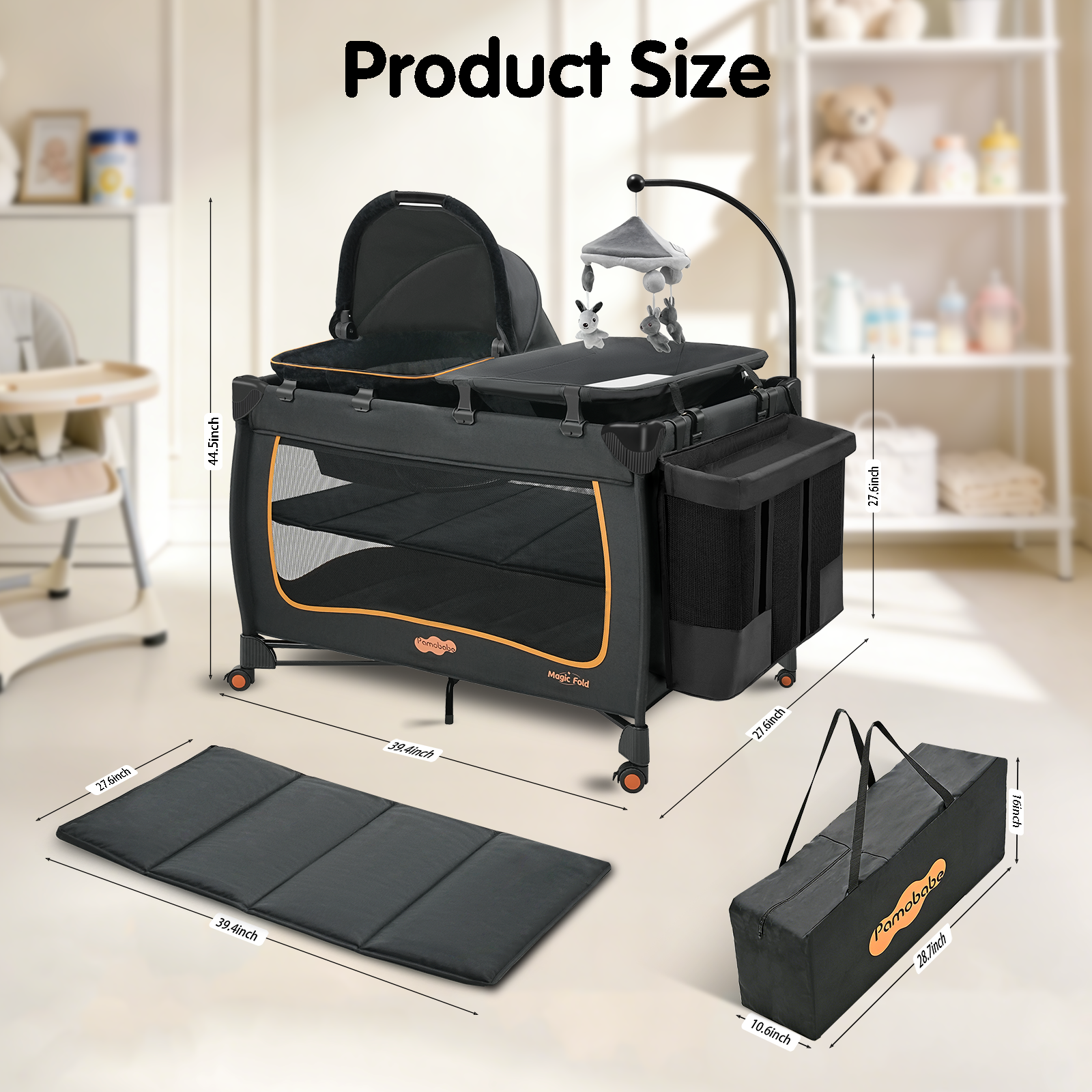 6-IN-1 Baby Pack and Play with Bassinet - Pamo Babe One-Step Setup Travel Crib, Small Playpen, Portable Bassinet, Waterproof Changing Table, Crib Toys & Oversized Storage Bag