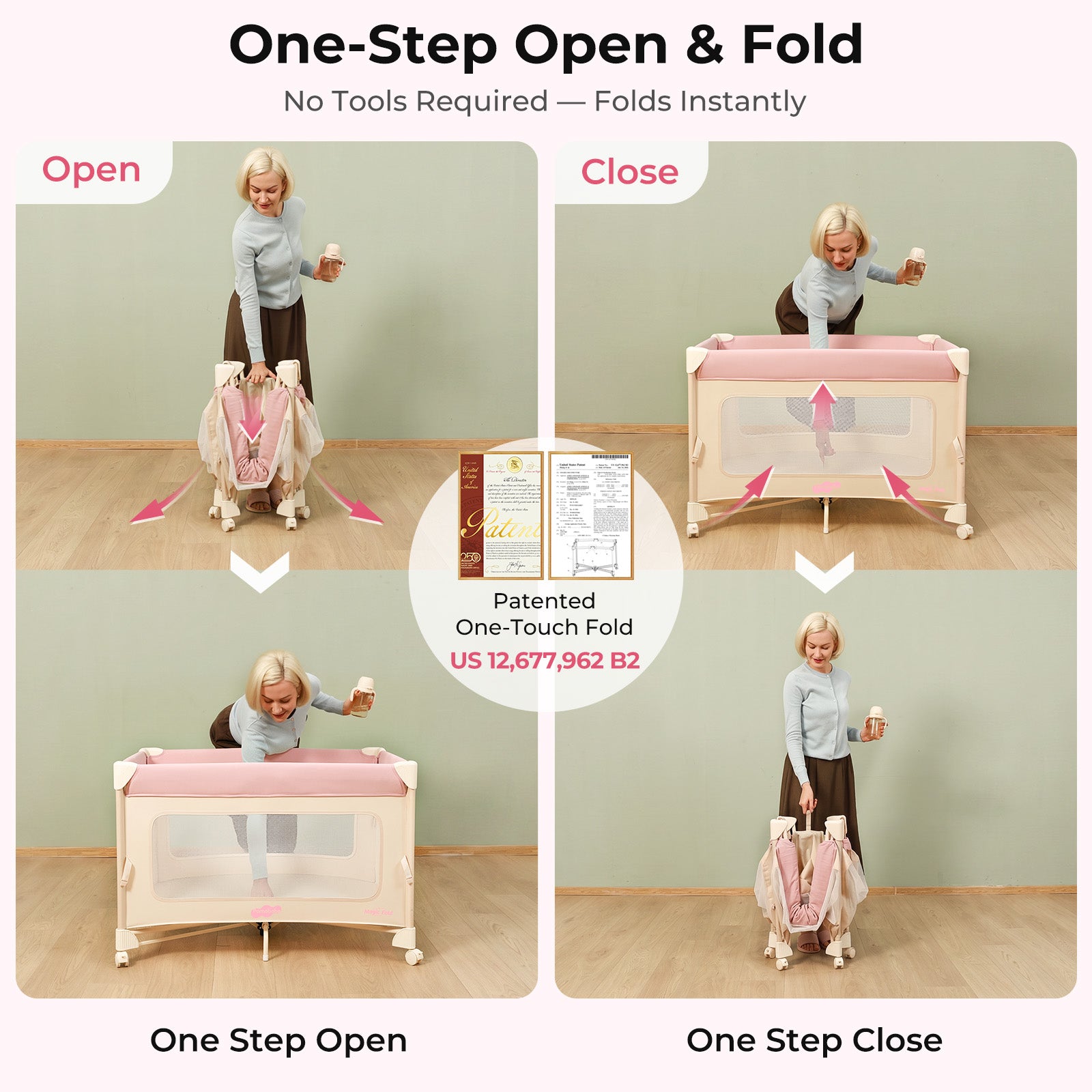 Pamo Babe 5 in 1 Pack and Play - One-Step Setup Bedside Crib, Portable Playard with Mattress, Toy Bar & Storage Bag