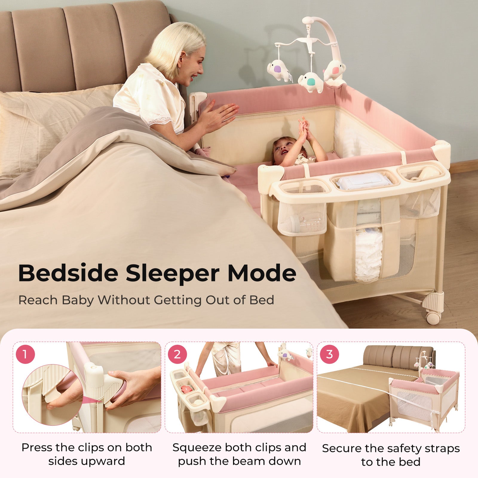 Pamo Babe 5 in 1 Pack and Play - One-Step Setup Bedside Crib, Portable Playard with Mattress, Toy Bar & Storage Bag
