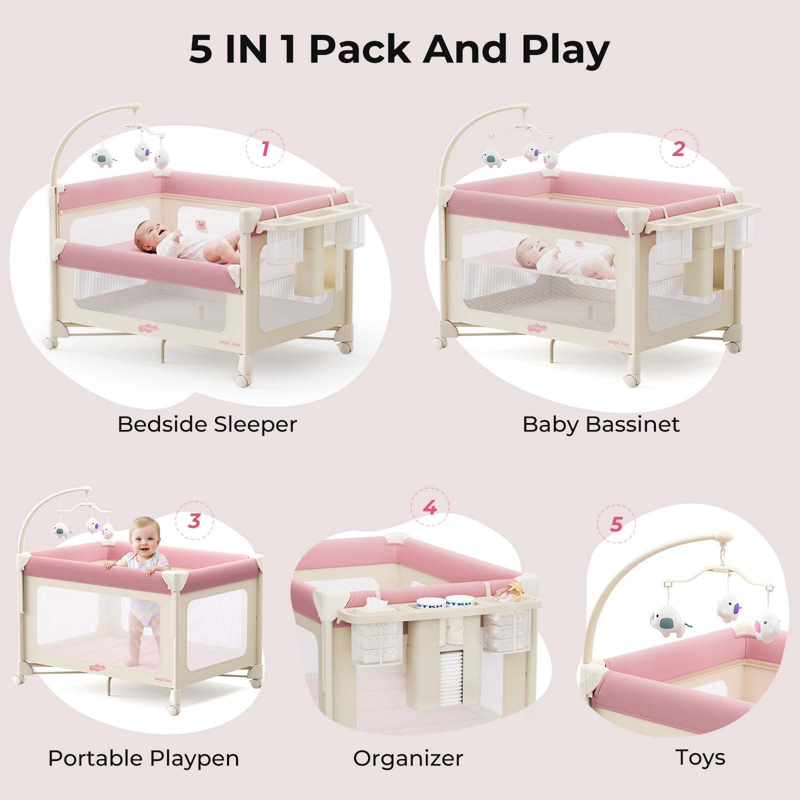 Pamo Babe 5 in 1 Pack and Play - One-Step Setup Bedside Crib, Portable Playard with Mattress, Toy Bar & Storage Bag
