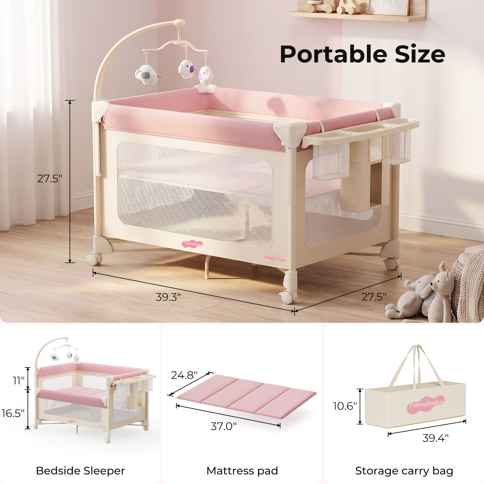 Pamo Babe 5 in 1 Pack and Play - One-Step Setup Bedside Crib, Portable Playard with Mattress, Toy Bar & Storage Bag