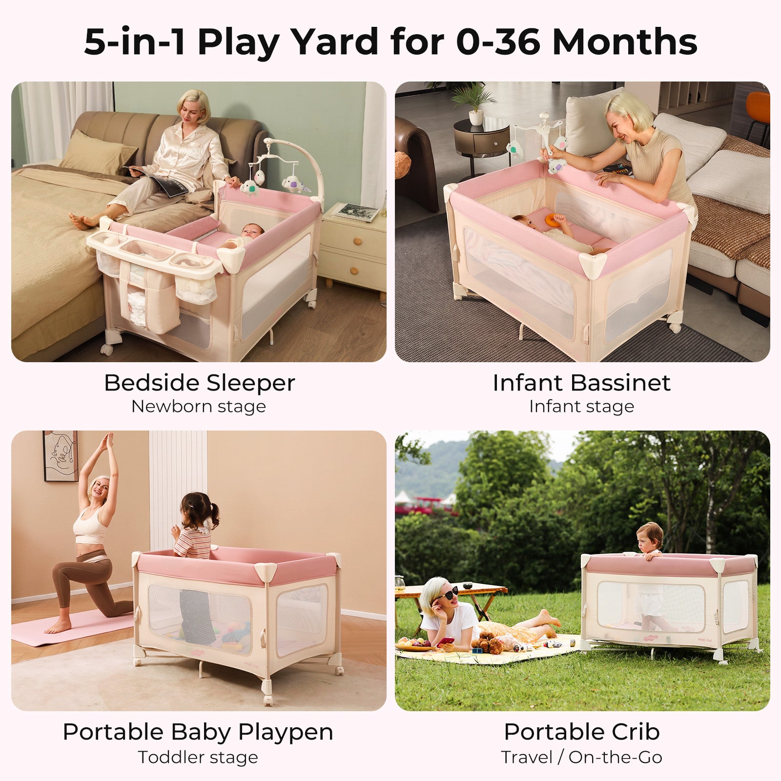 Pamo Babe 5 in 1 Pack and Play - One-Step Setup Bedside Crib, Portable Playard with Mattress, Toy Bar & Storage Bag