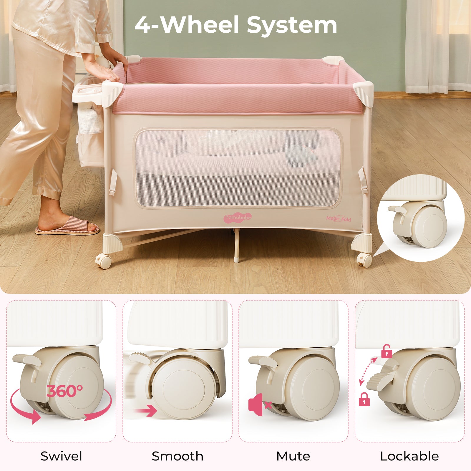 Pamo Babe 5 in 1 Pack and Play - One-Step Setup Bedside Crib, Portable Playard with Mattress, Toy Bar & Storage Bag