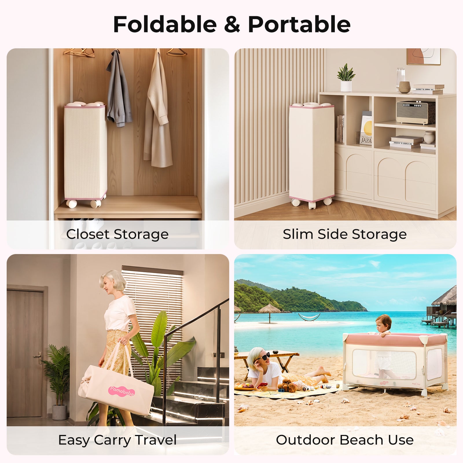 Pamo Babe 5 in 1 Pack and Play - One-Step Setup Bedside Crib, Portable Playard with Mattress, Toy Bar & Storage Bag