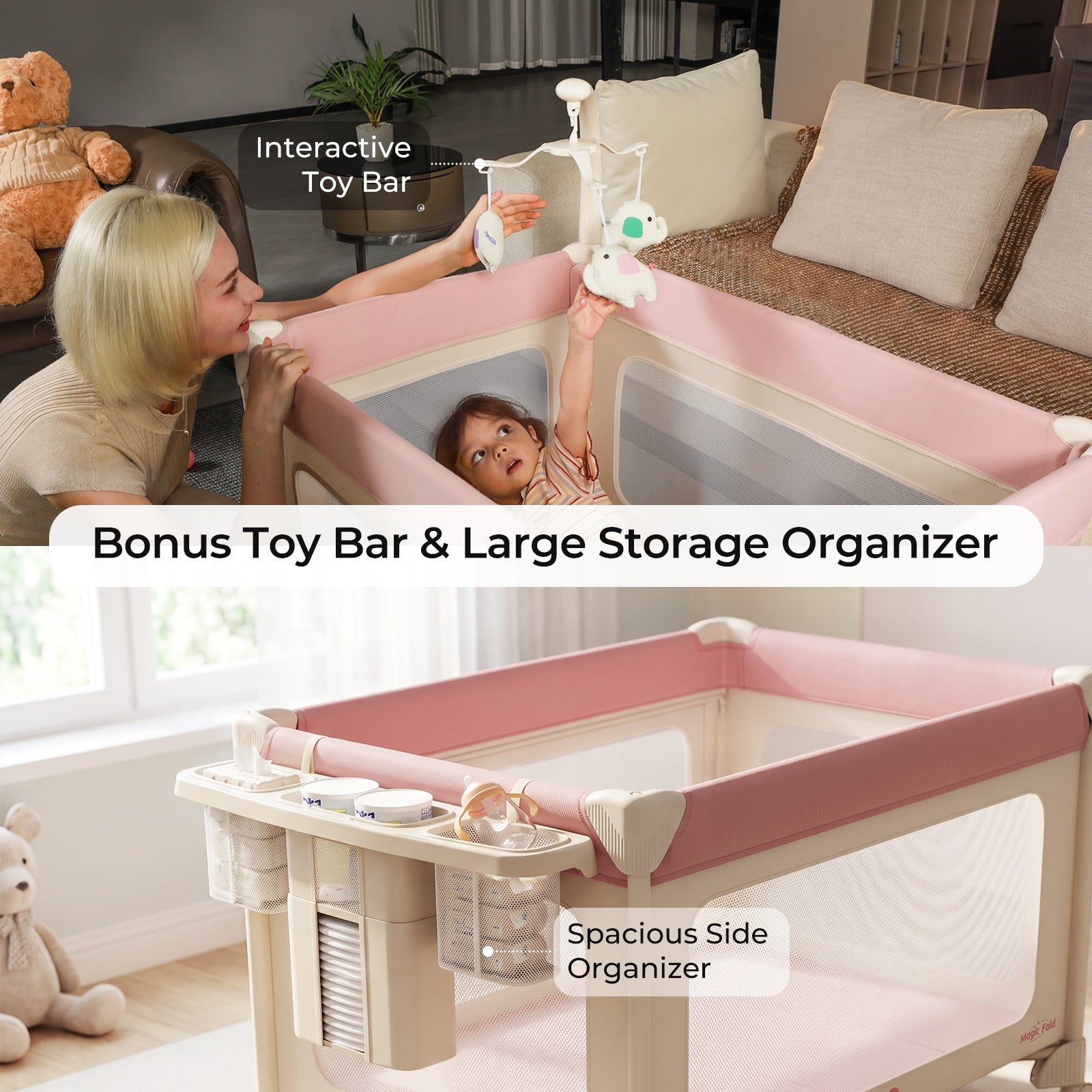 Pamo Babe 5 in 1 Pack and Play - One-Step Setup Bedside Crib, Portable Playard with Mattress, Toy Bar & Storage Bag