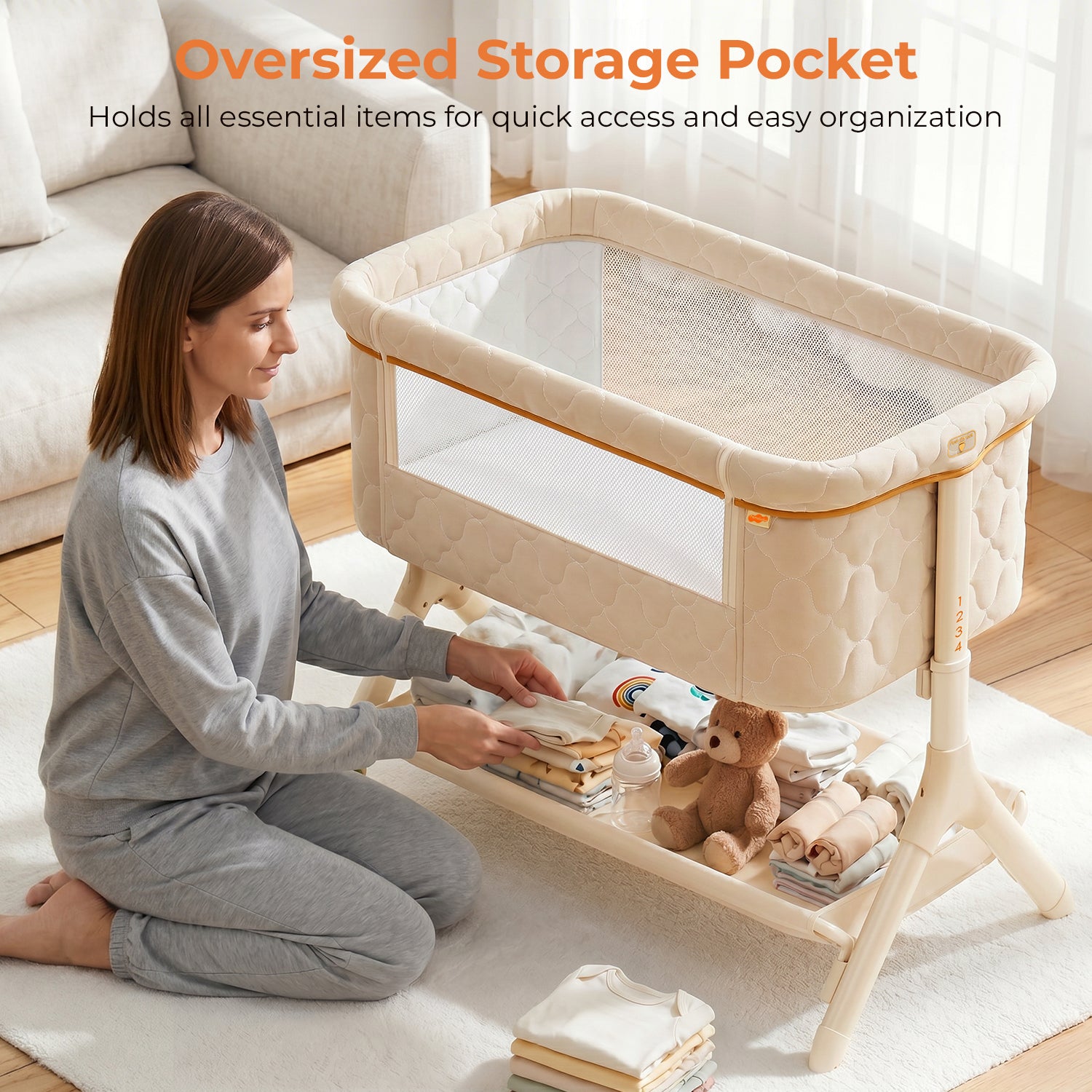 Pamo babe Bedside Bassinet for Baby, 3-in-1 Foldable Travel Bassinet with Wheels, Portable Baby Bassinet Adjustable Height, Storage Bag, Baby Bedside Sleeper Ideal Gift for Newborn Parents