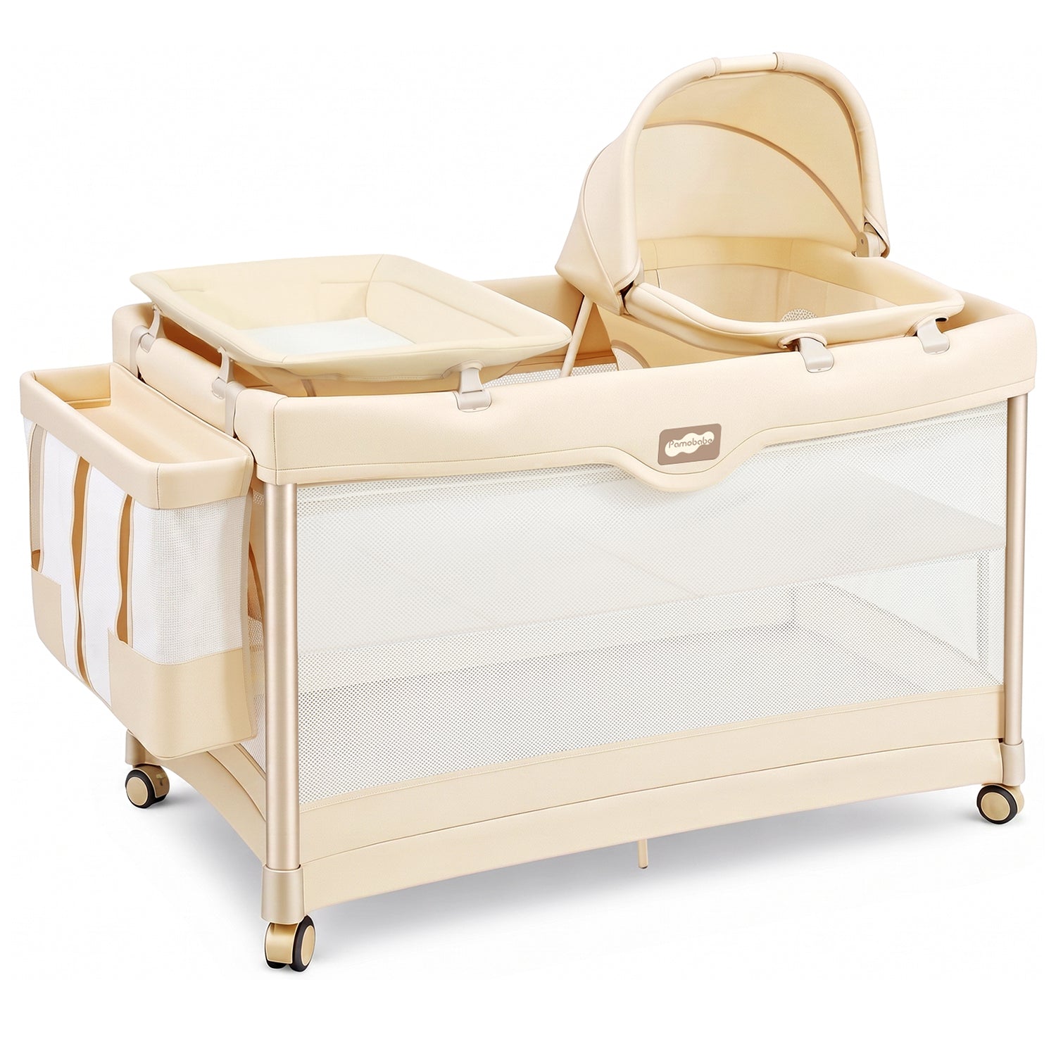 Pamo Babe 6-in-1 Pack and Play with Bassinet, Deluxe One-Step Setup Baby Bassinet with Changing Table, Sleeper Nest, Storage Bag, 4 Wheels Portable Crib Travel Playpen for Baby and Toddler