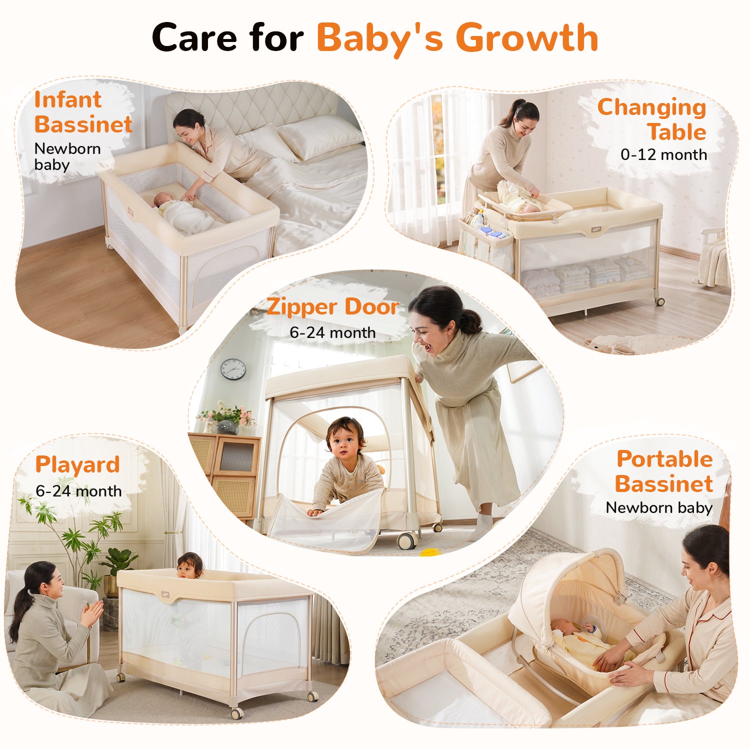 Pamo Babe 6-in-1 Pack and Play with Bassinet, Deluxe One-Step Setup Baby Bassinet with Changing Table, Sleeper Nest, Storage Bag, 4 Wheels Portable Crib Travel Playpen for Baby and Toddler