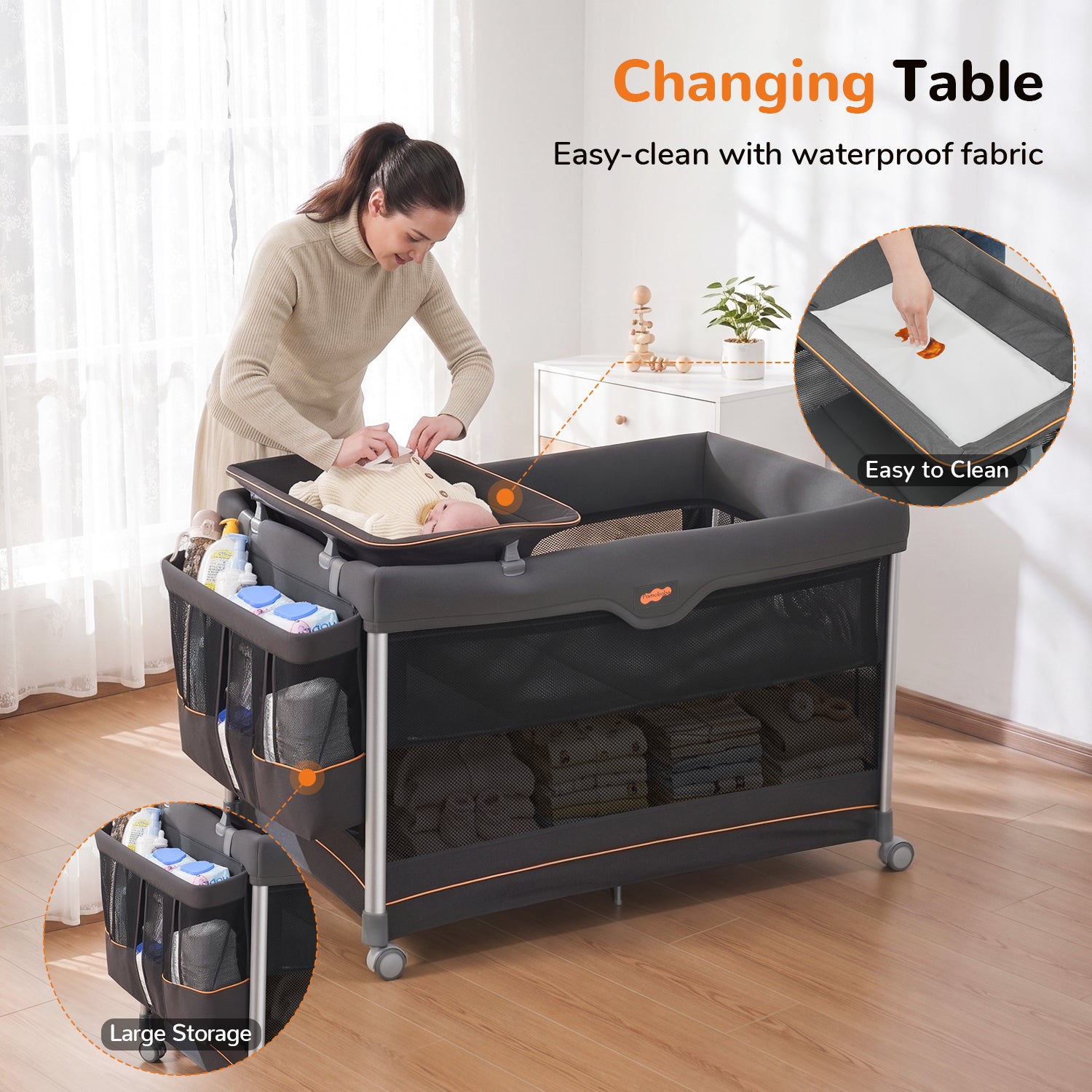 Pamo Babe 6-in-1 Pack and Play with Bassinet, Deluxe One-Step Setup Baby Bassinet with Changing Table, Sleeper Nest, Storage Bag, 4 Wheels Portable Crib Travel Playpen for Baby and Toddler
