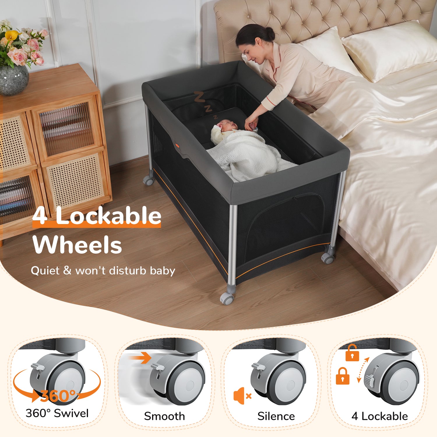 Pamo Babe 6-in-1 Pack and Play with Bassinet, Deluxe One-Step Setup Baby Bassinet with Changing Table, Sleeper Nest, Storage Bag, 4 Wheels Portable Crib Travel Playpen for Baby and Toddler