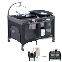 Pamo Babe 1-Second Setup 3-in-1 Playard for Babies - Heavy-Duty Steel Frame for Safe Sleep Space, Portable Crib with Zip Door & Changing Table, Locking Wheels, Breathable Mesh