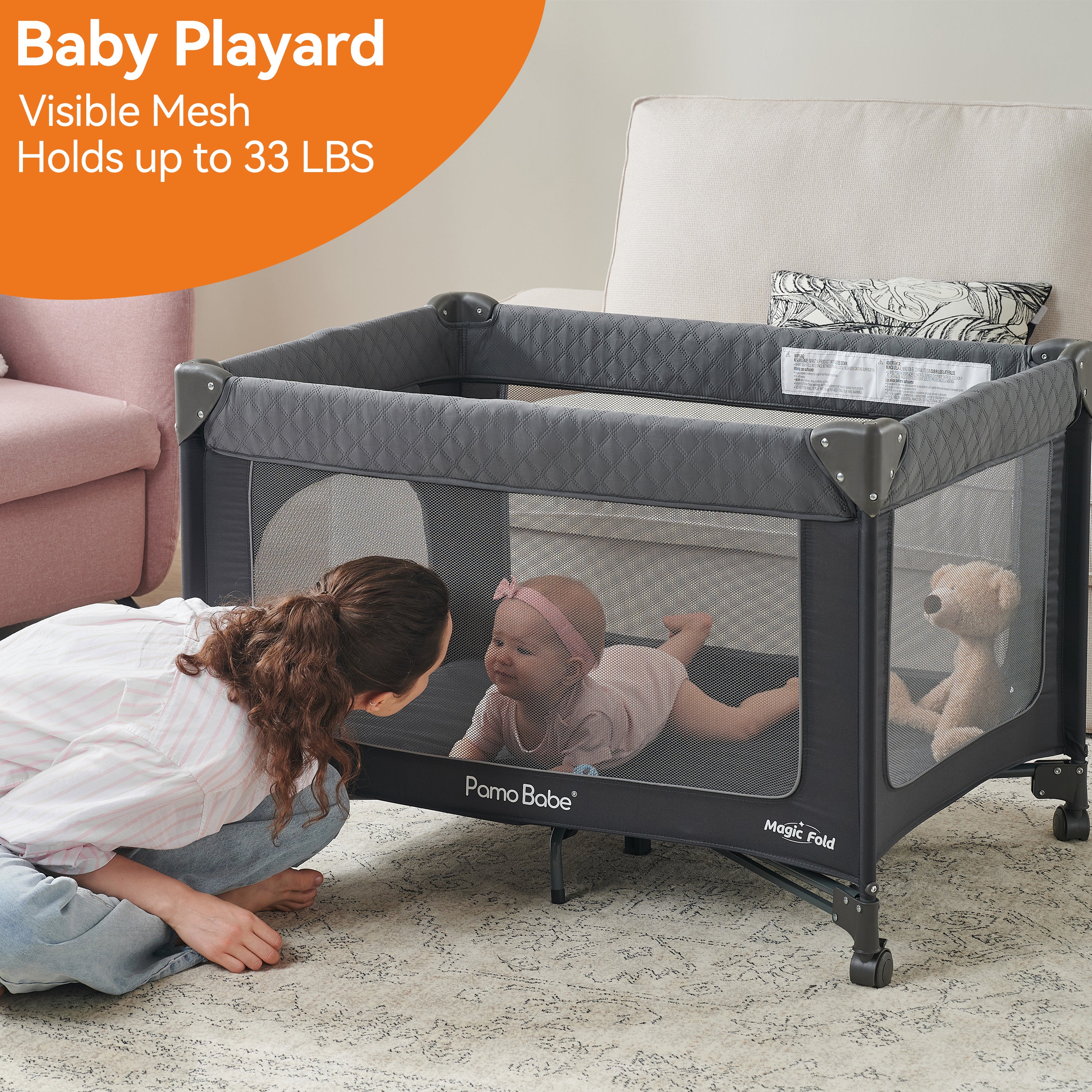 Pamo Babe 1-Second Setup 3-in-1 Playard for Babies - Heavy-Duty Steel Frame for Safe Sleep Space, Portable Crib with Zip Door & Changing Table, Locking Wheels, Breathable Mesh