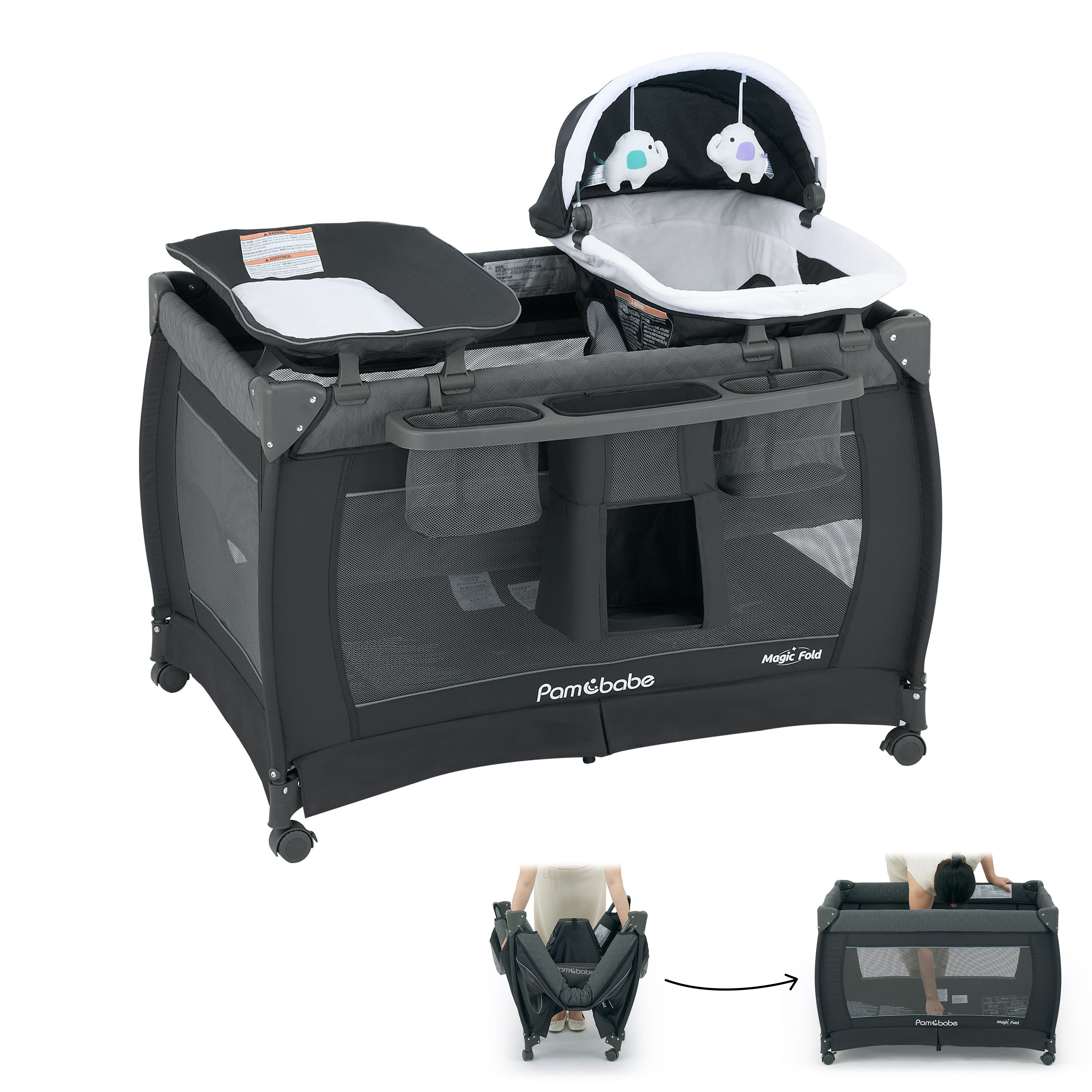 Pamo Babe 1-Second Setup 4-in-1 Playard for Babies - Heavy-Duty Steel Frame for Safe Sleep Space, Portable Crib with Changing Table, Locking Wheels, Breathable Mesh