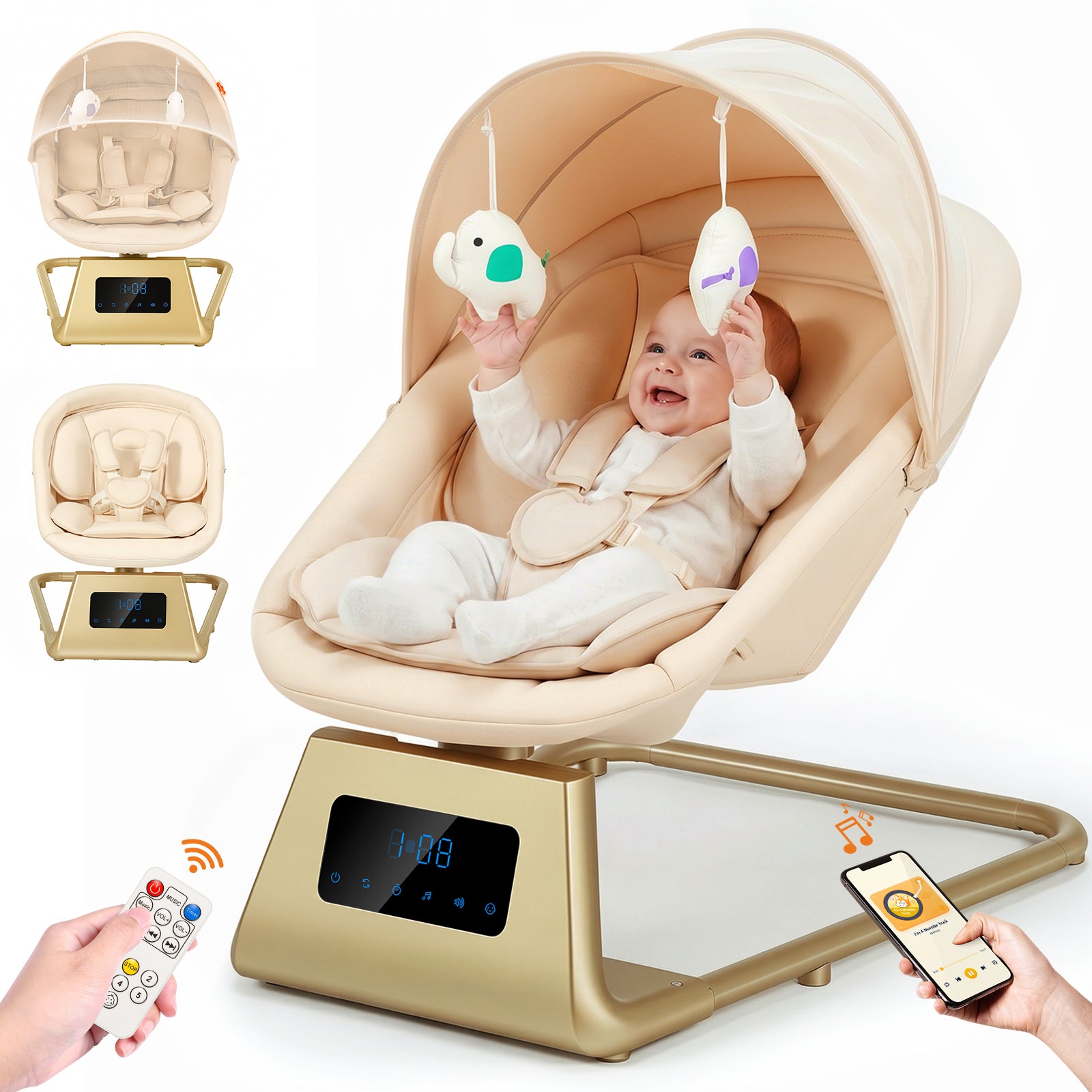 Pamo Babe Portable Baby Swing - Electric Baby Rocker with Cry Detection, 5 Swing Speeds, Bluetooth & Remote Control, Adjustable Backrest, Indoor & Outdoor Swing Chair for Newborn Babies