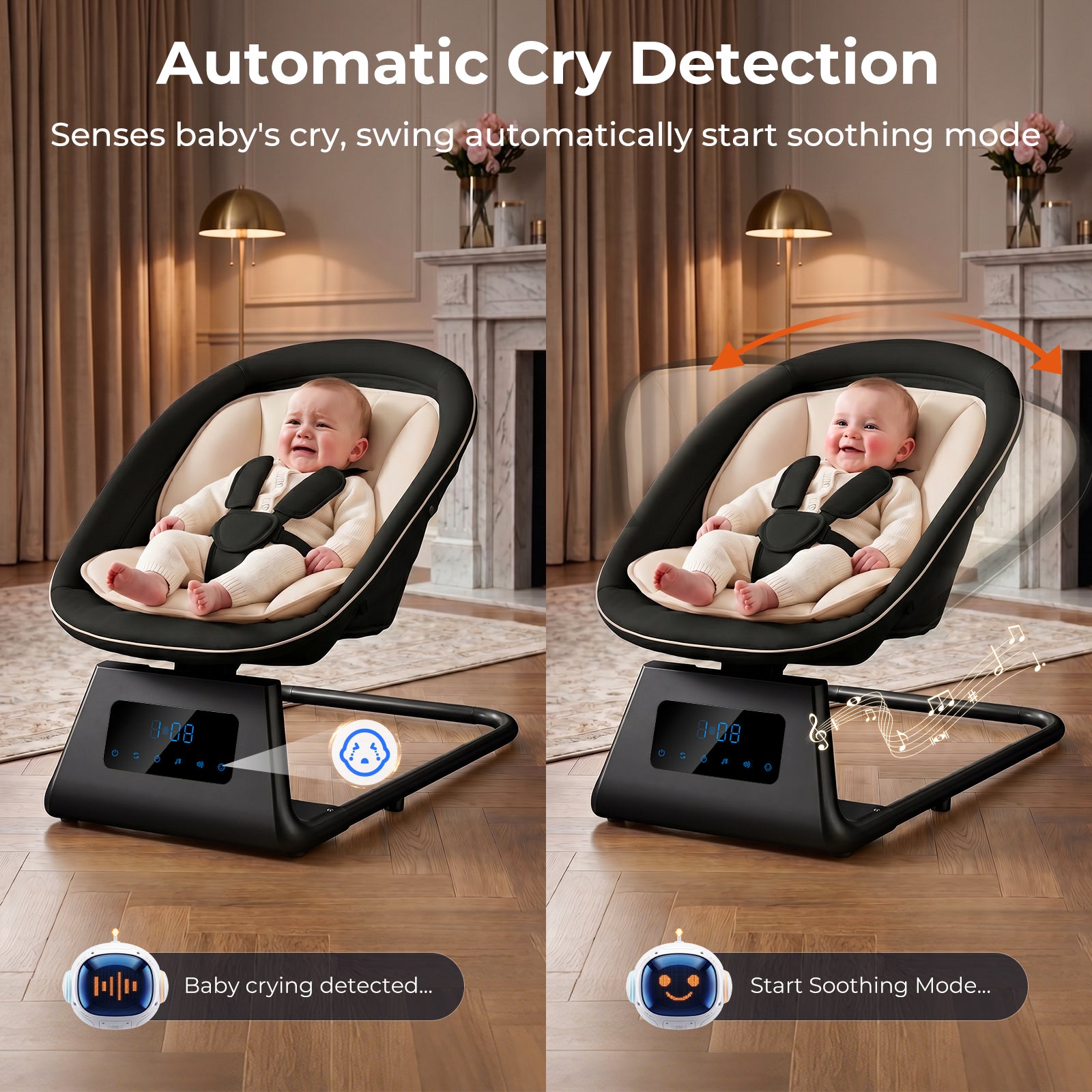 Pamo Babe Portable Baby Swing - Electric Baby Rocker with Cry Detection, 5 Swing Speeds, Bluetooth & Remote Control, Adjustable Backrest, Indoor & Outdoor Swing Chair for Newborn Babies