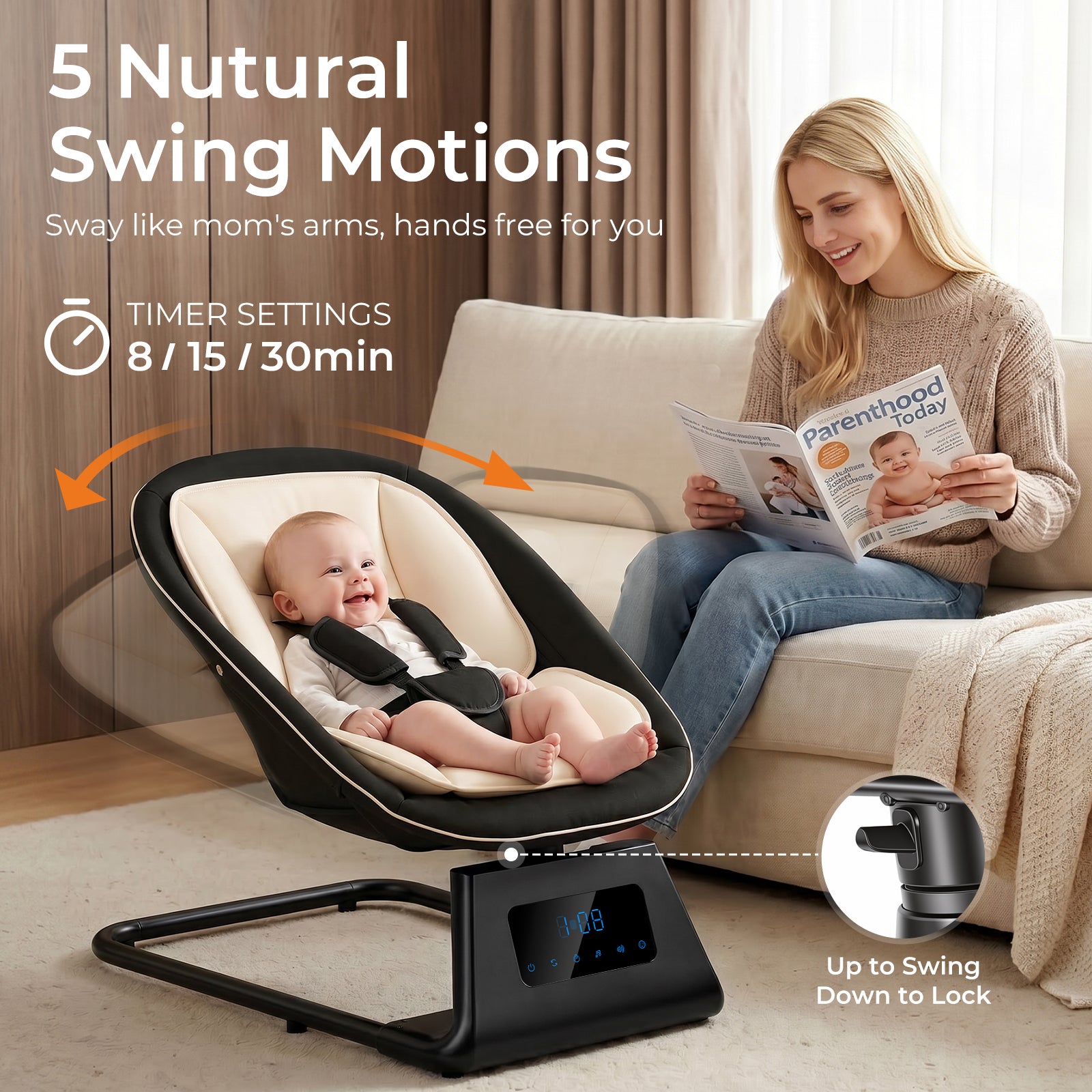 Pamo Babe Portable Baby Swing - Electric Baby Rocker with Cry Detection, 5 Swing Speeds, Bluetooth & Remote Control, Adjustable Backrest, Indoor & Outdoor Swing Chair for Newborn Babies
